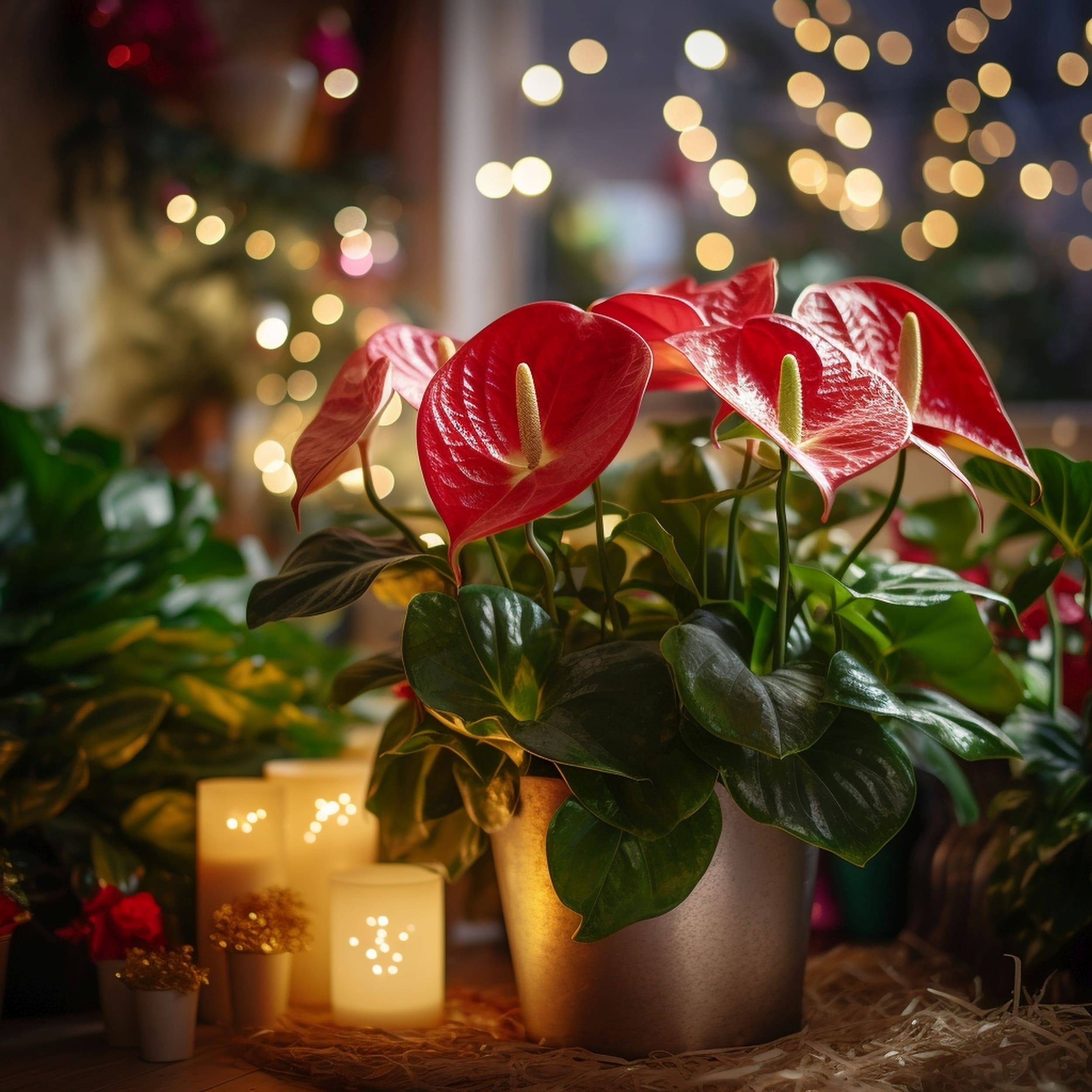 Anthurium Plant in a Pot Surrounded by Christmas Decorations