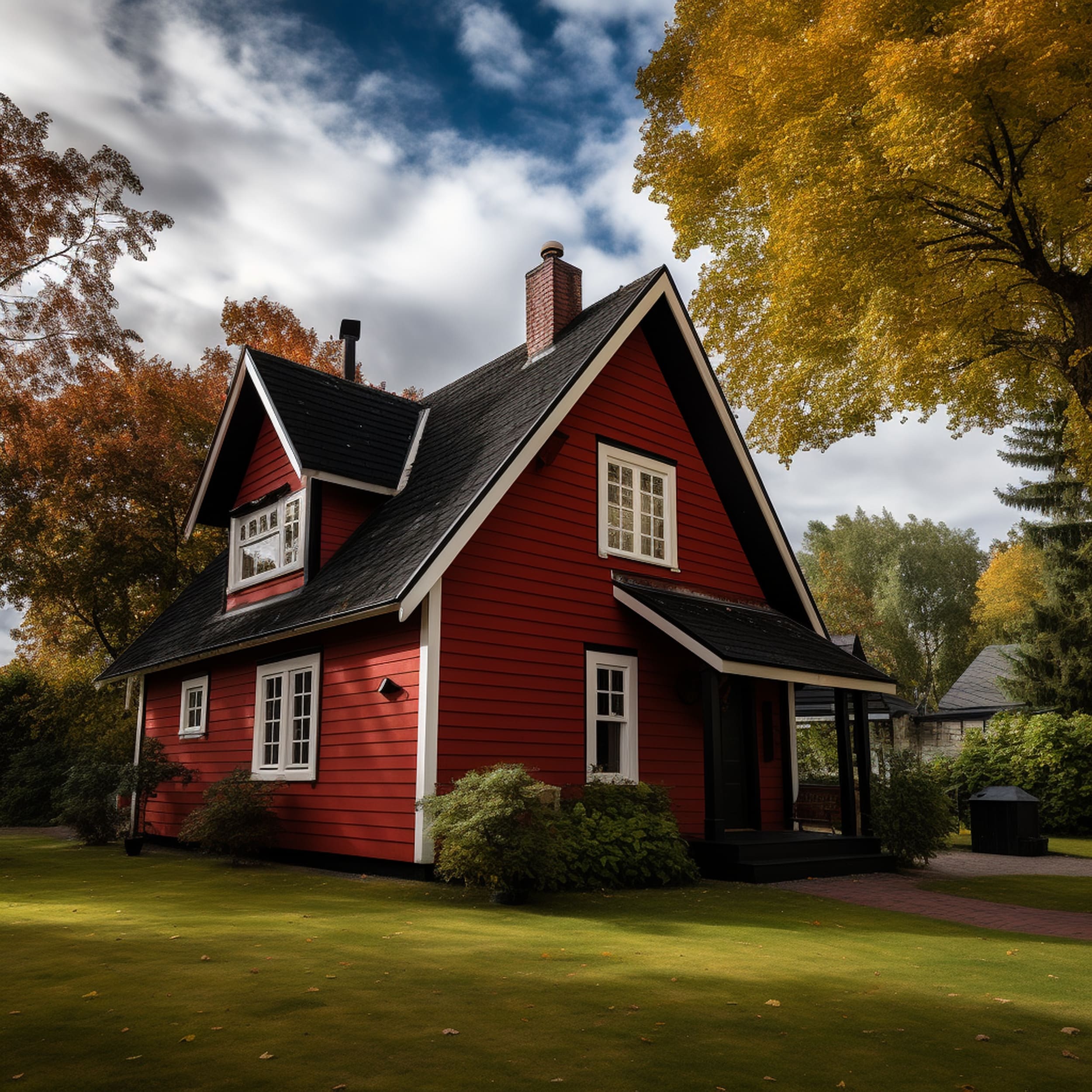 A Traditional House With a Black Roof and Red Siding