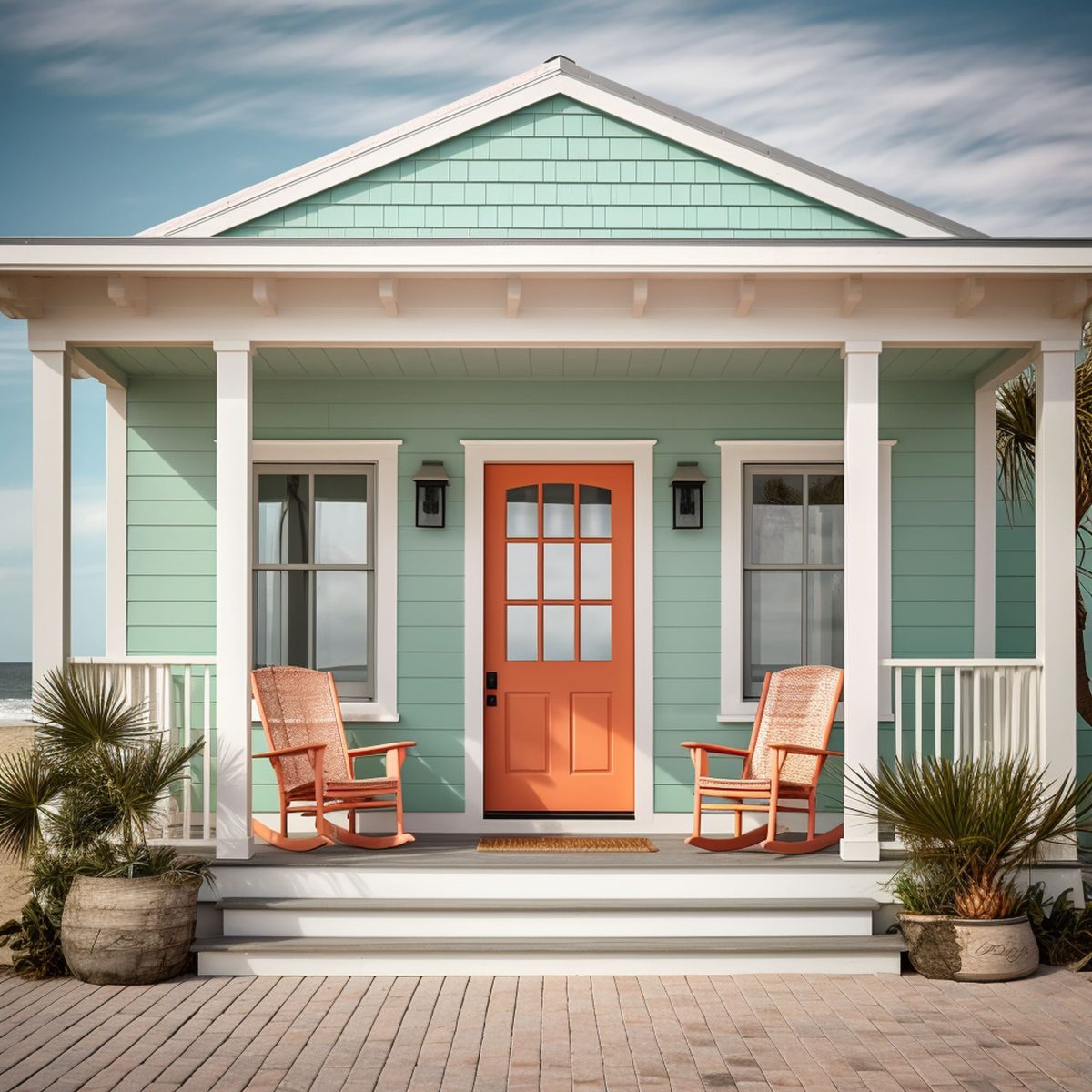A Coastal Mint Green House With a Coral Front Door and Matching Chairs