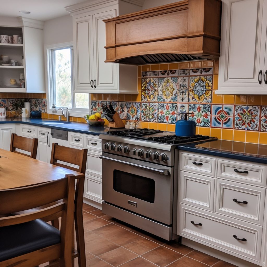 A Cozy Kitchen With a Vibrant And Colorful Spanish Tile Design