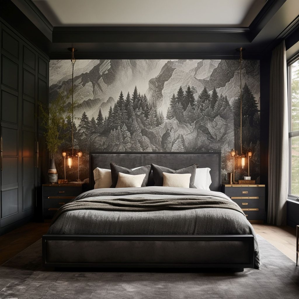 A Masculine Bedroom With a Dark Gray Color Scheme and a Forest Mural