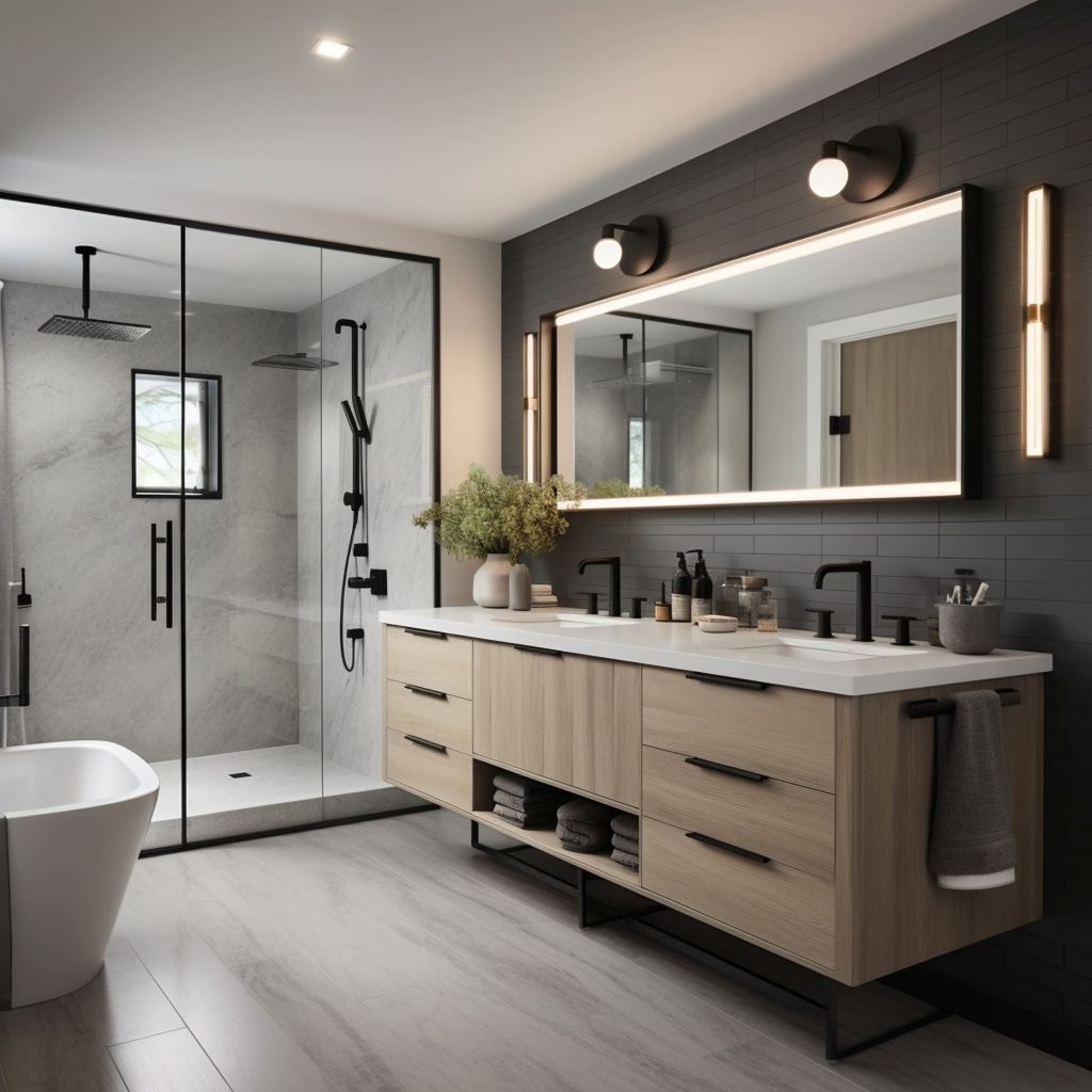 A Modern Bathroom With Matte Black Fixtures and a Long Rectangular Mirror