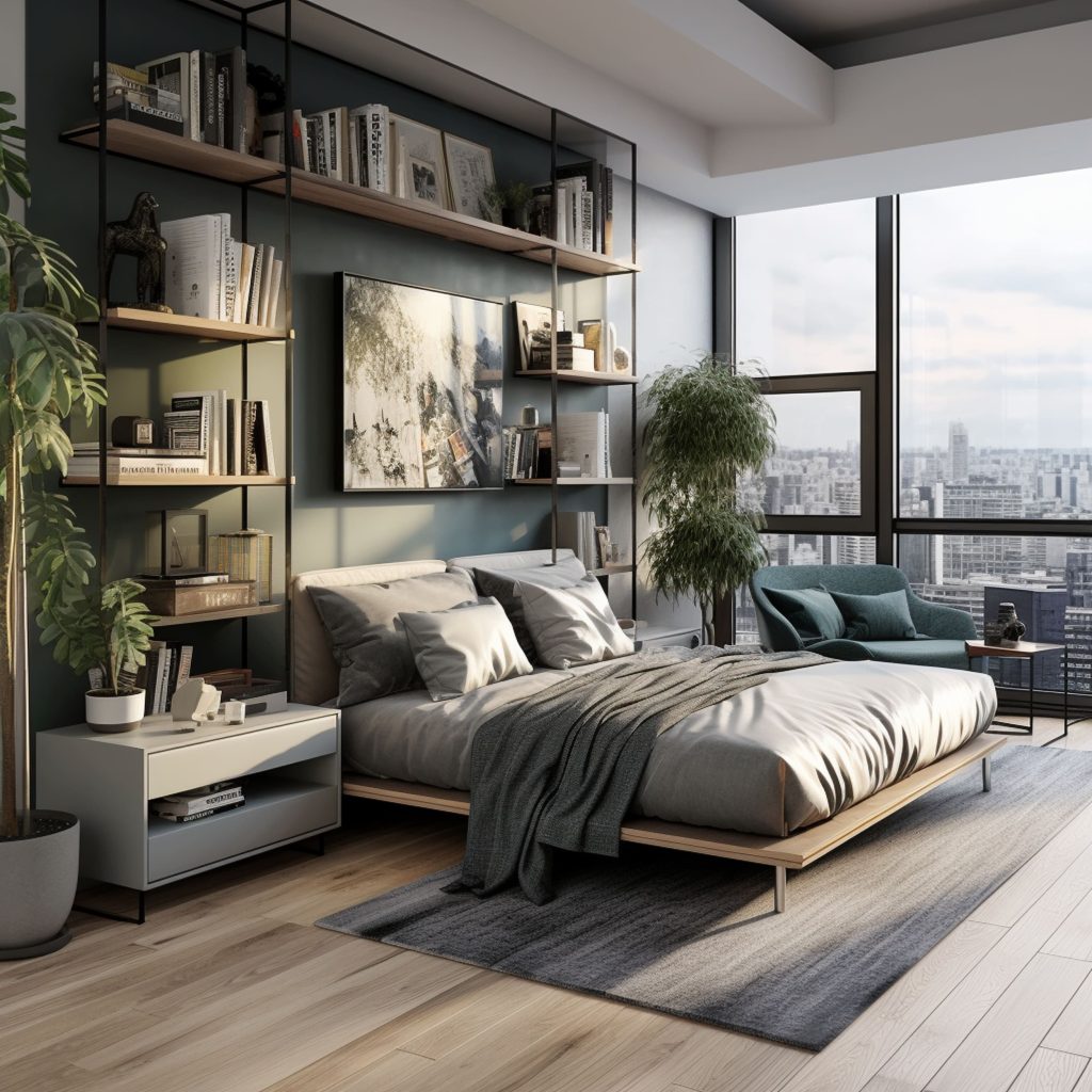 A Modern Bedroom With a Small Blue Couch Nearby