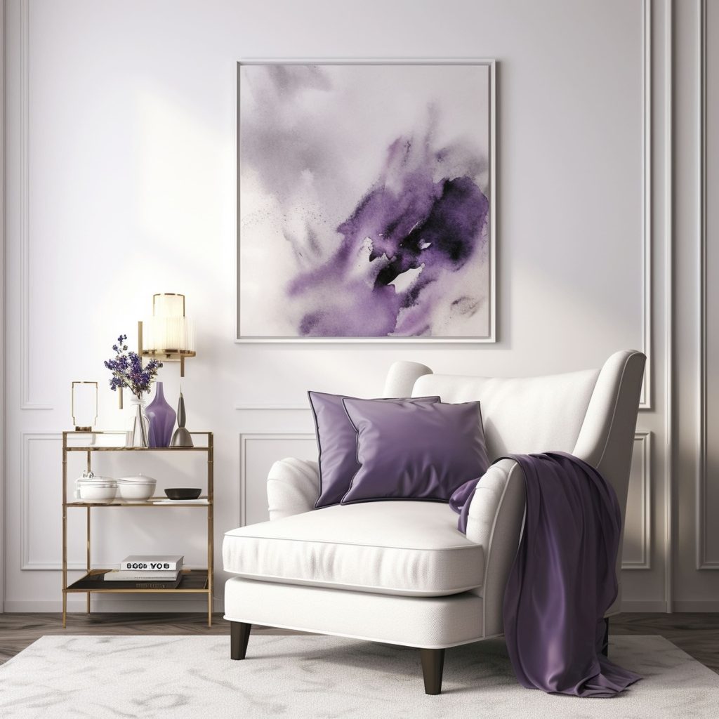 Classy White Chair Decorated With Purple Accessories