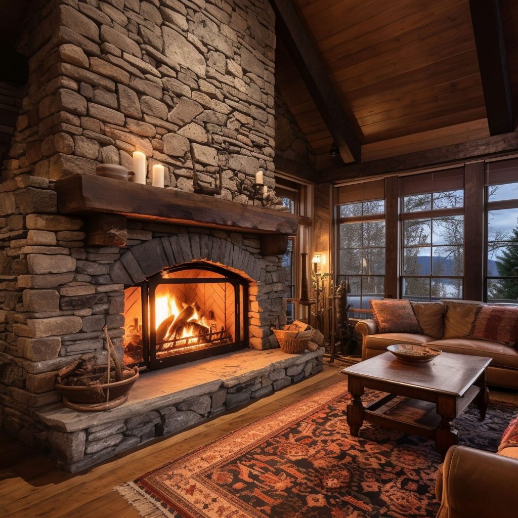 Cozy Living Room Of a Mountain Cabin Home With a Stone Fireplace