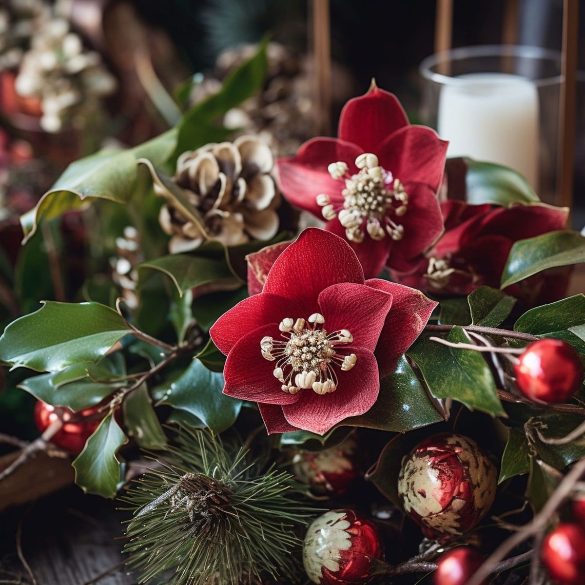 Marron Christmas Rose Plant Next to Pine Cones and Red Christmas Globes