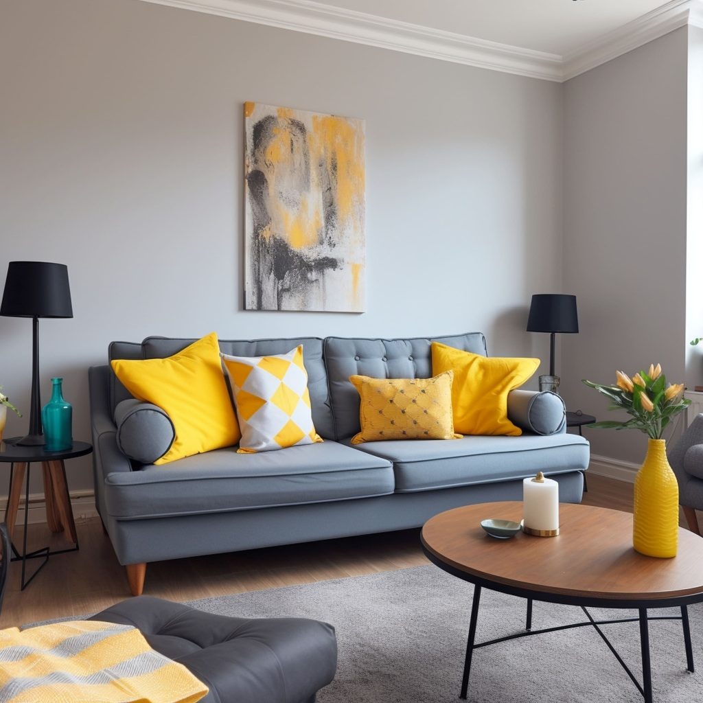 Small Living Room Featuring Gray Couch With Bright Yellow Throw Pillows