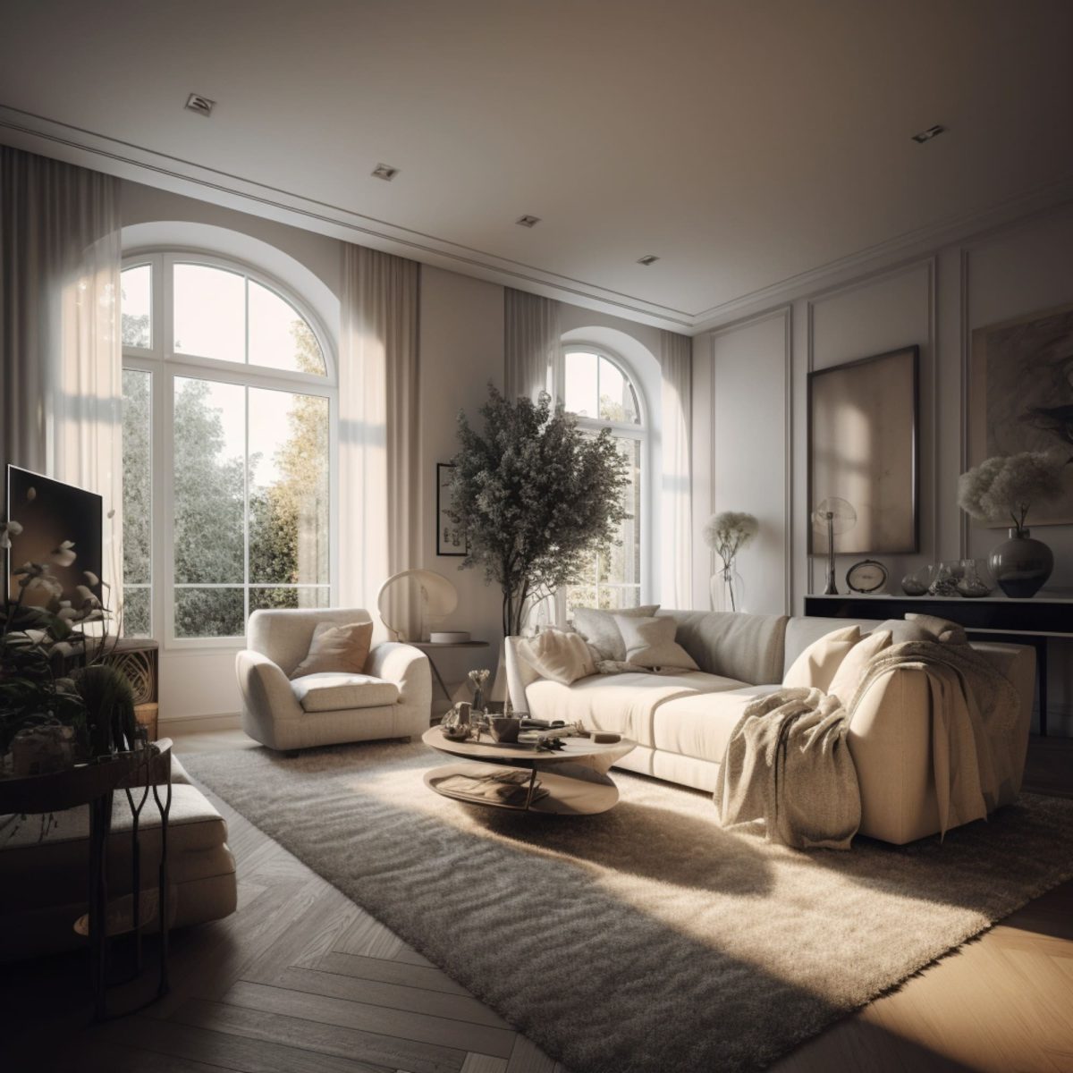 Quiet Luxury Living Room With Beige Couch, Large Windows and Plants