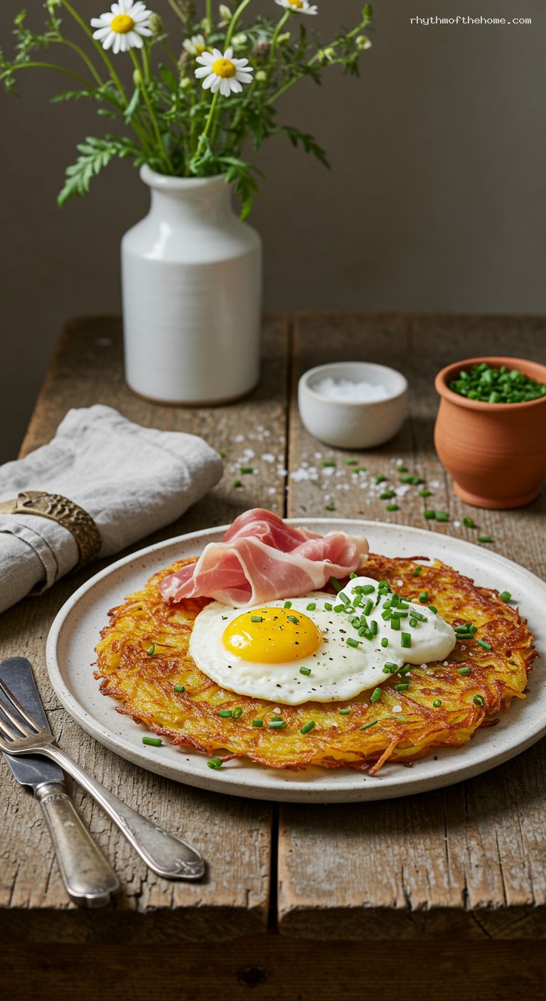 Deep Fried Rosti Crispy Potato Rösti with Ham, Fried Egg, and Herby Sour Cream – Rhythm ...