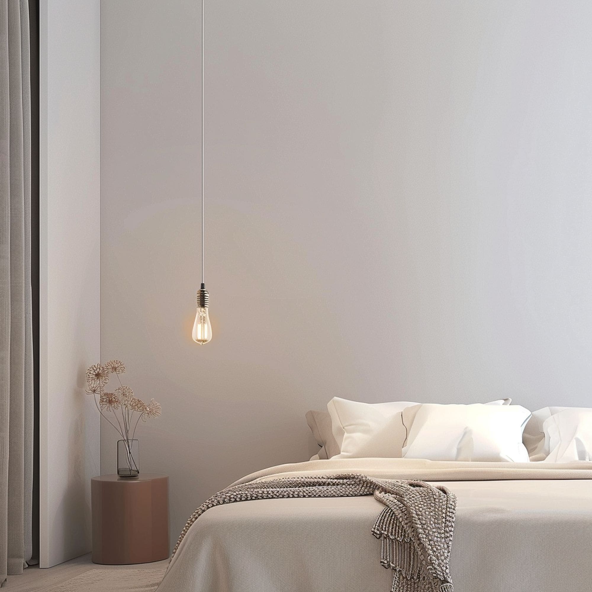 Bedroom Featuring a Single Edison Light Bulb