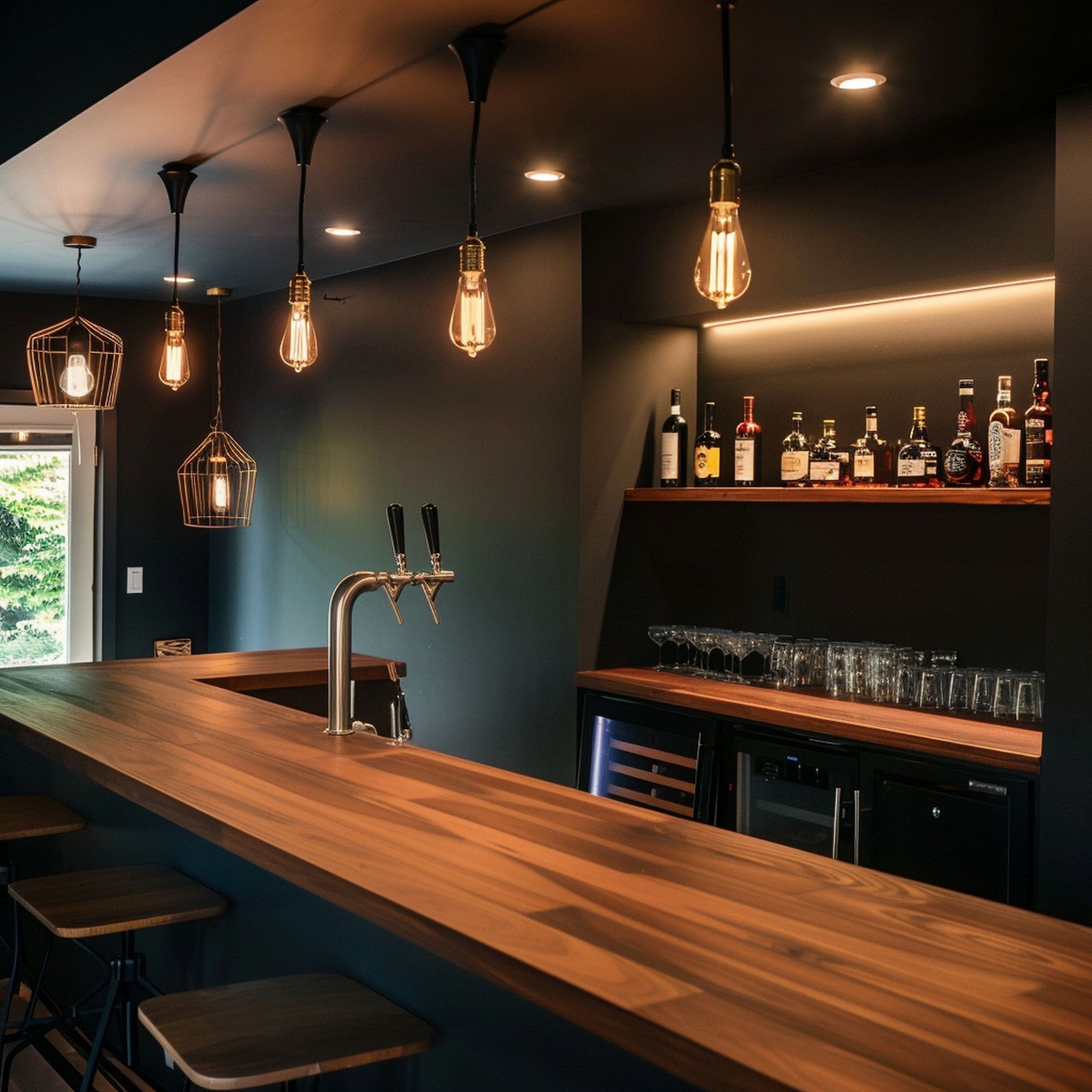 Dark Home Bar With Edison Light Bulbs