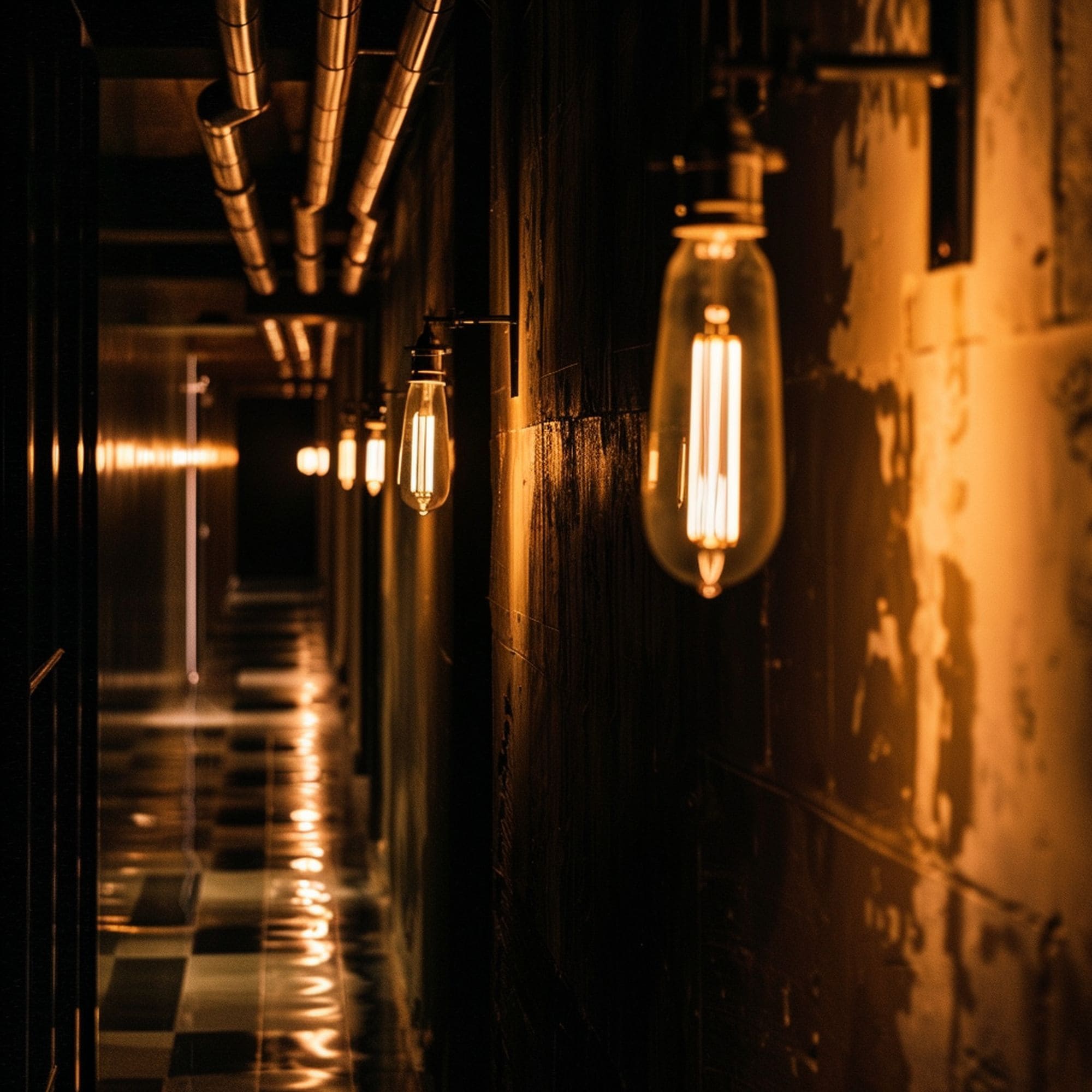 Edison Light Bulbs in a Dark Hallway