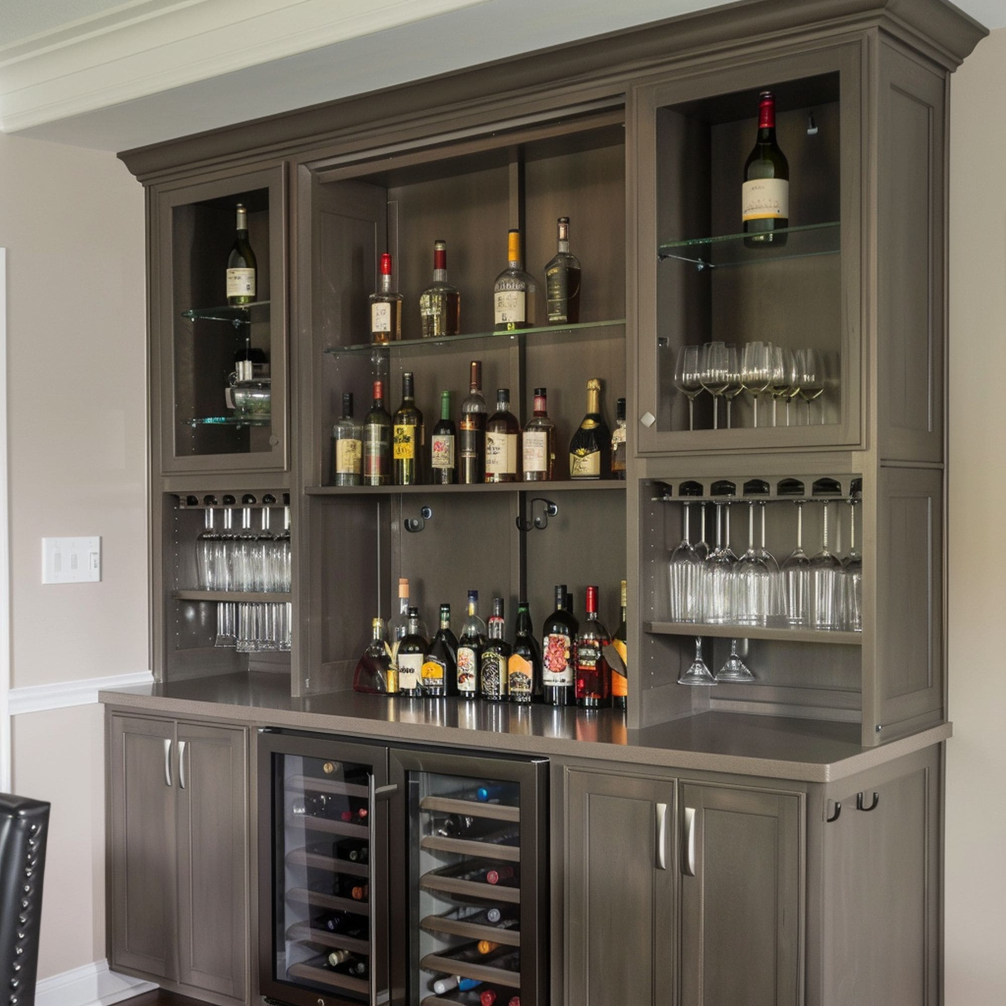 Gray Home Bar With Open Cabinets