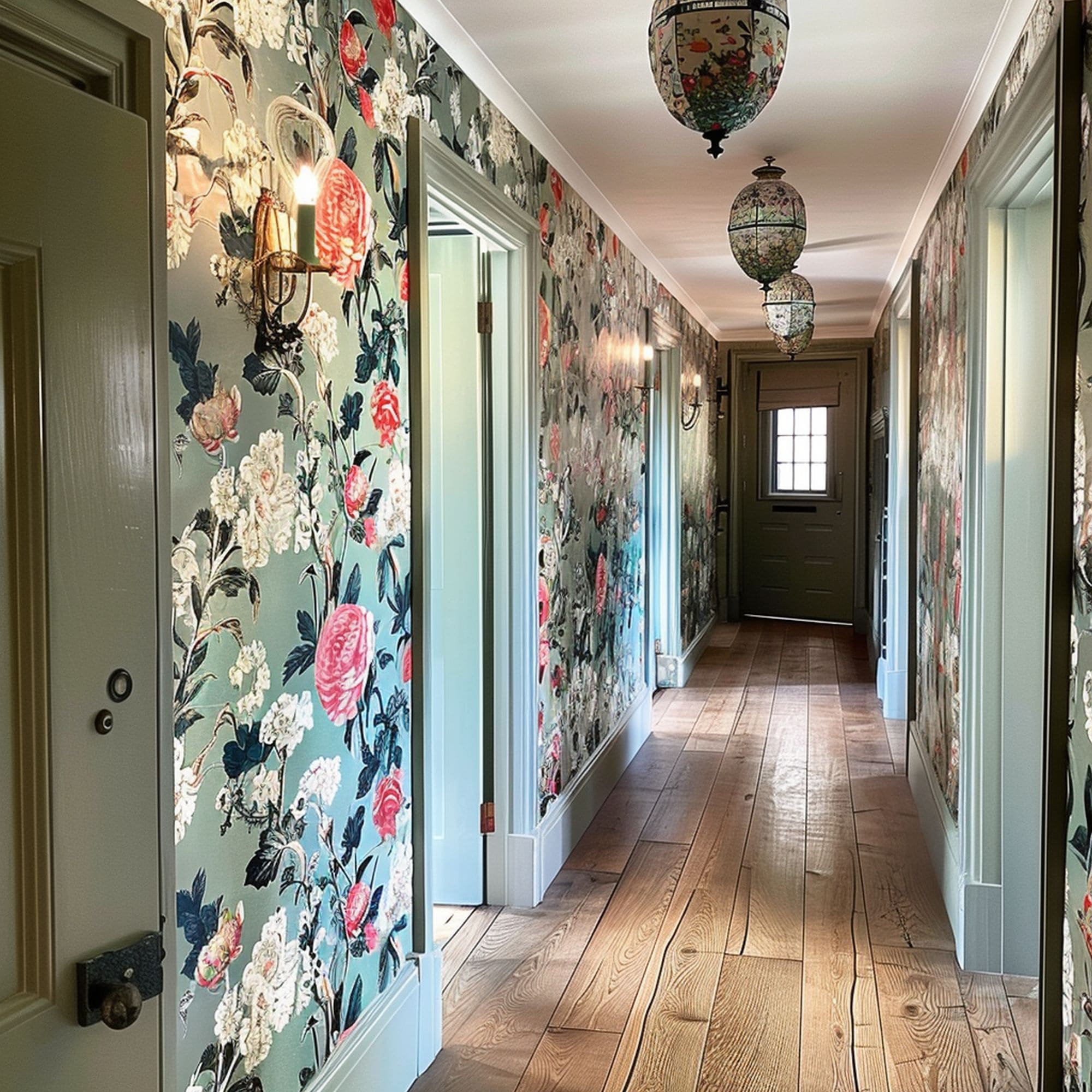 Hallway With Floral Wallpaper