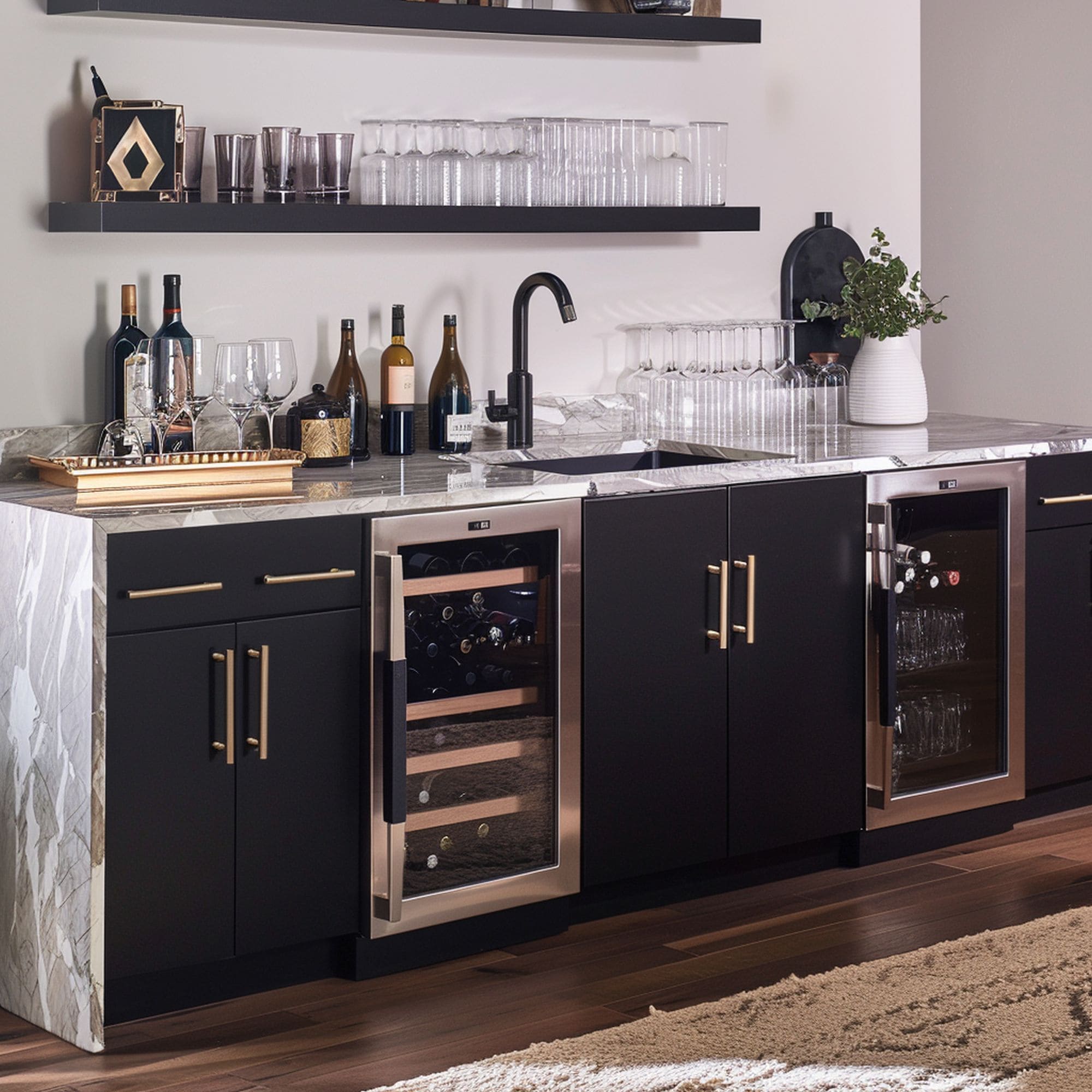Elegant Black and Gold Home Bar