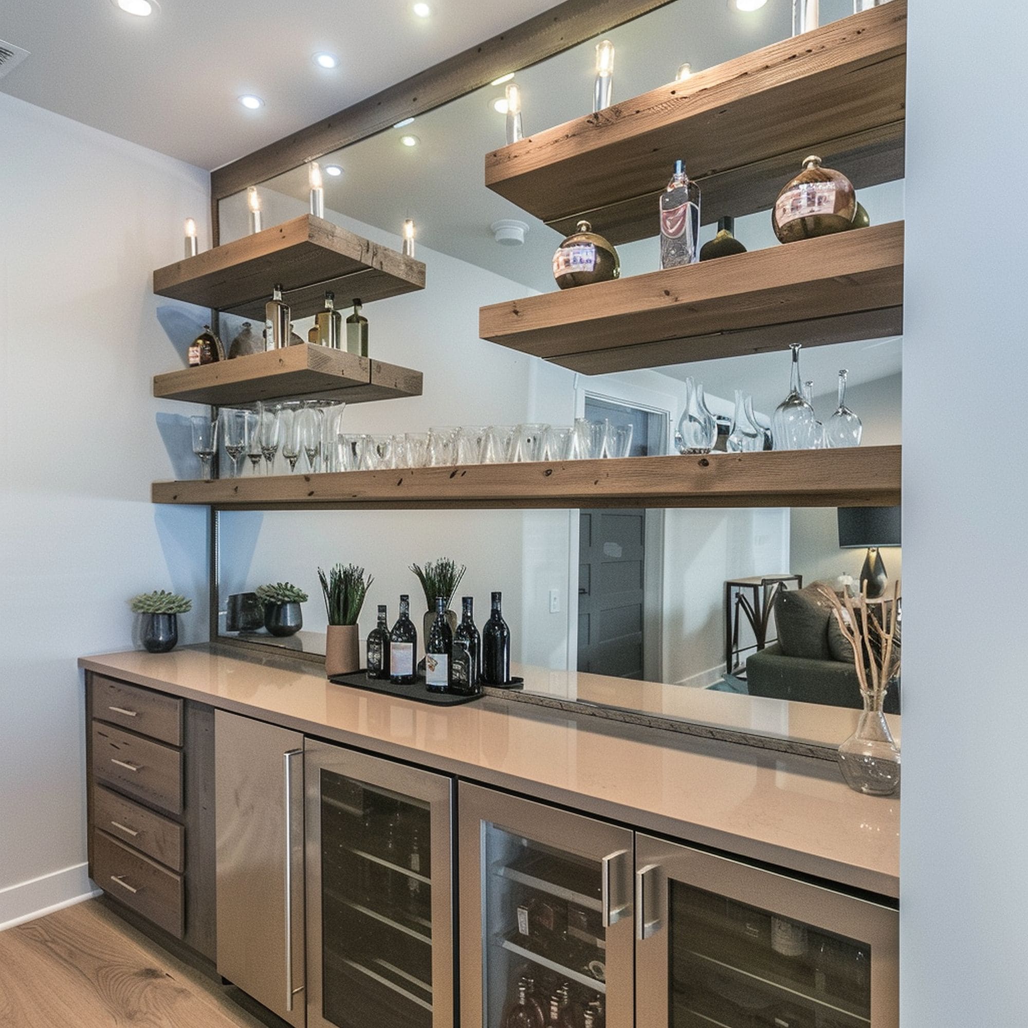 Home Bar With Floating Shelves and Mirror Backsplash
