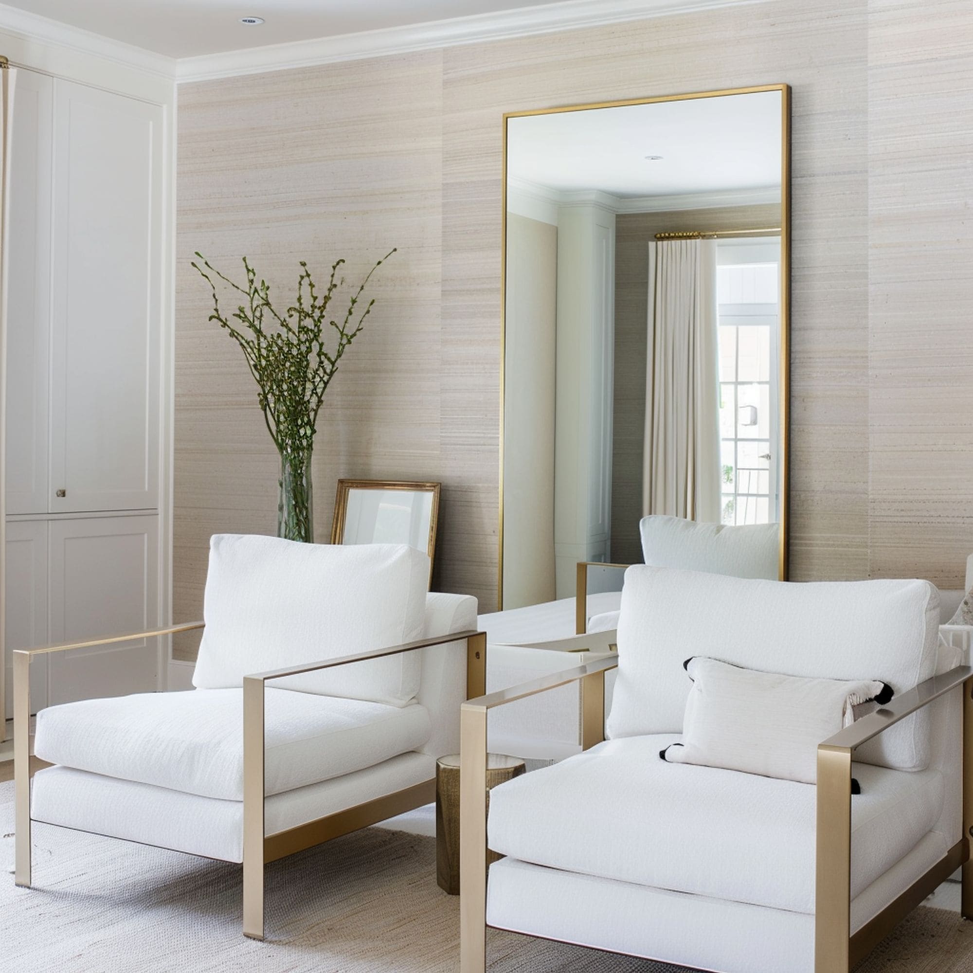 Casual Sophisticated White Chairs With Gold Mirror