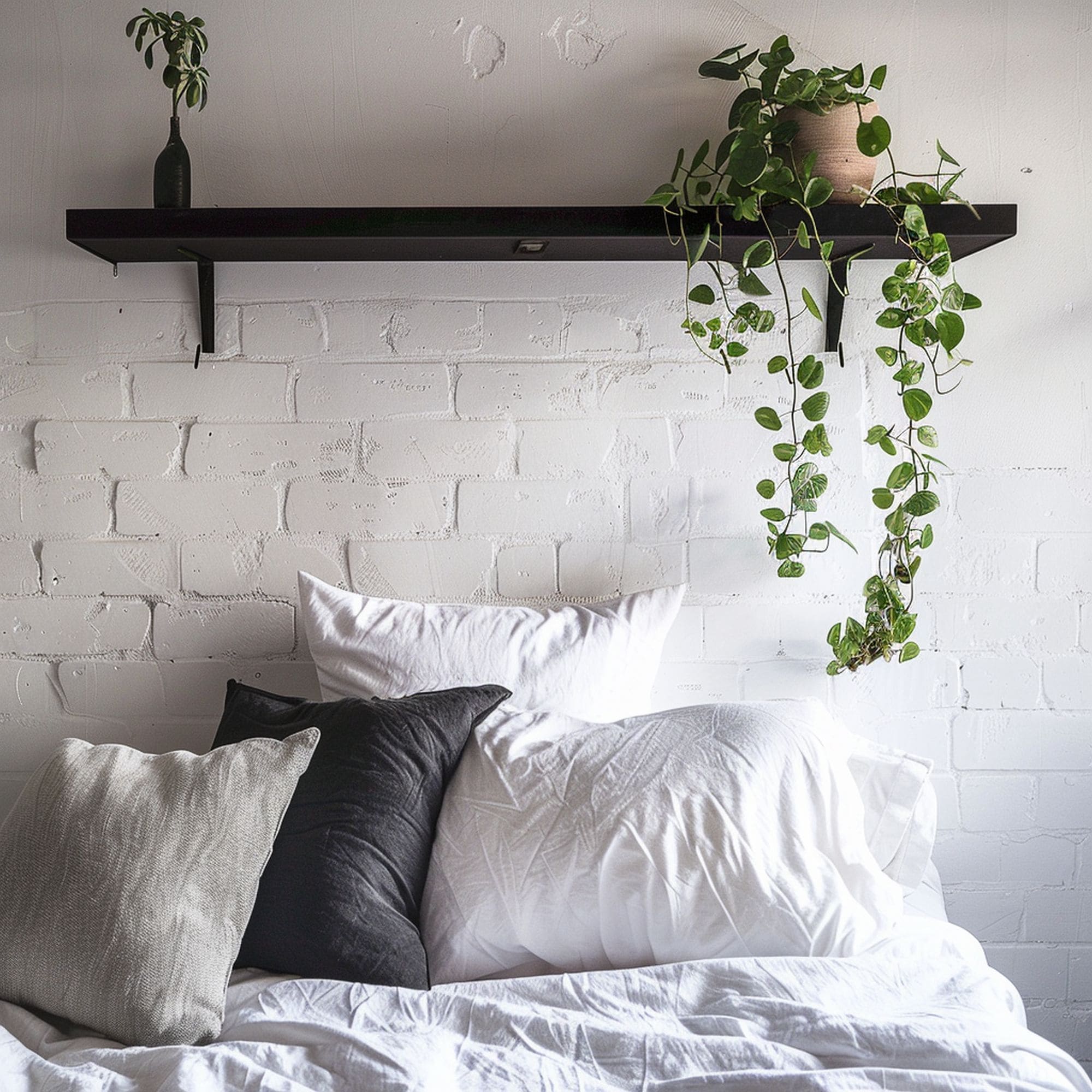 Simple Floating Shelf With Hanging Plant in Bedroom