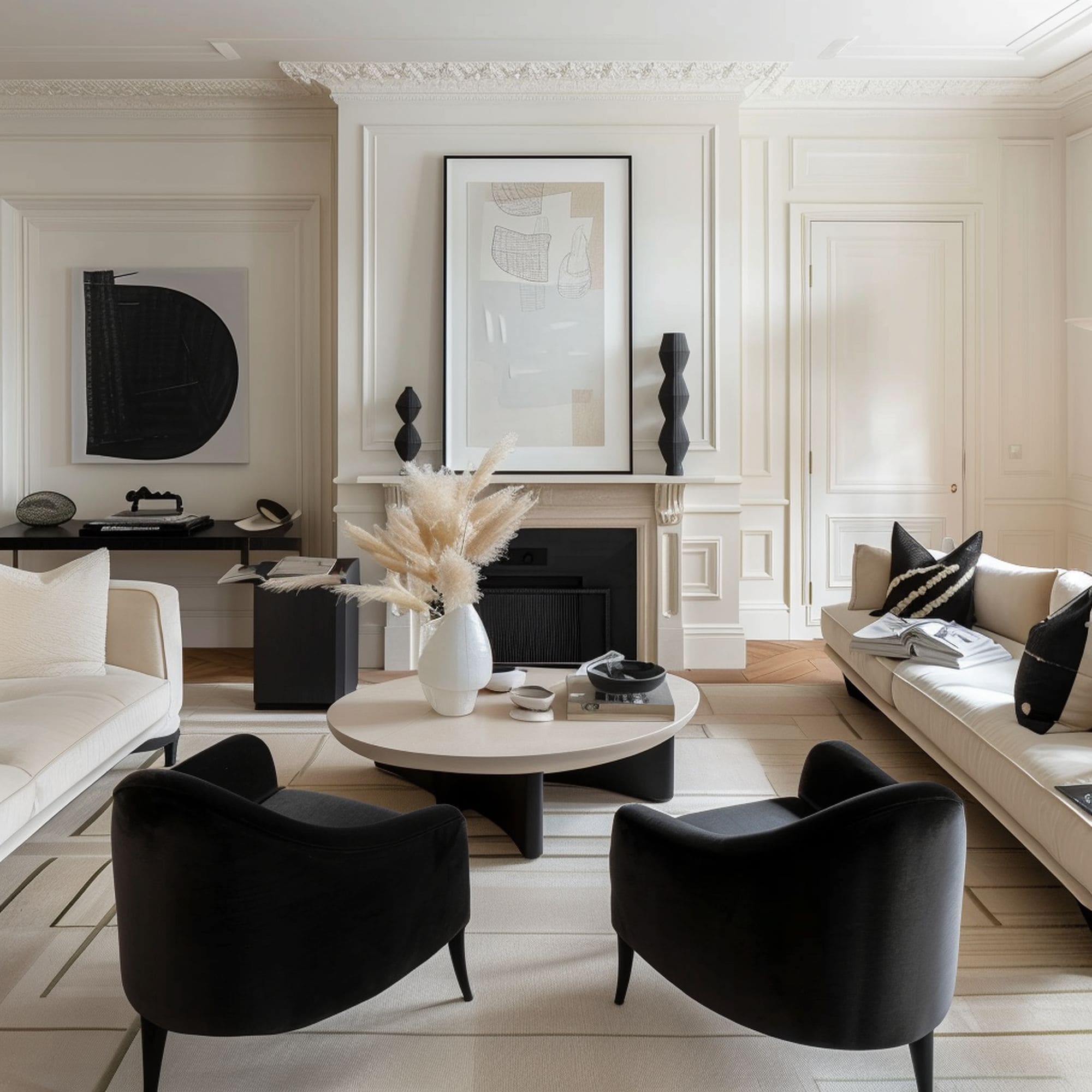 Casual Sophisticated Neutral Living Room With Black Accents