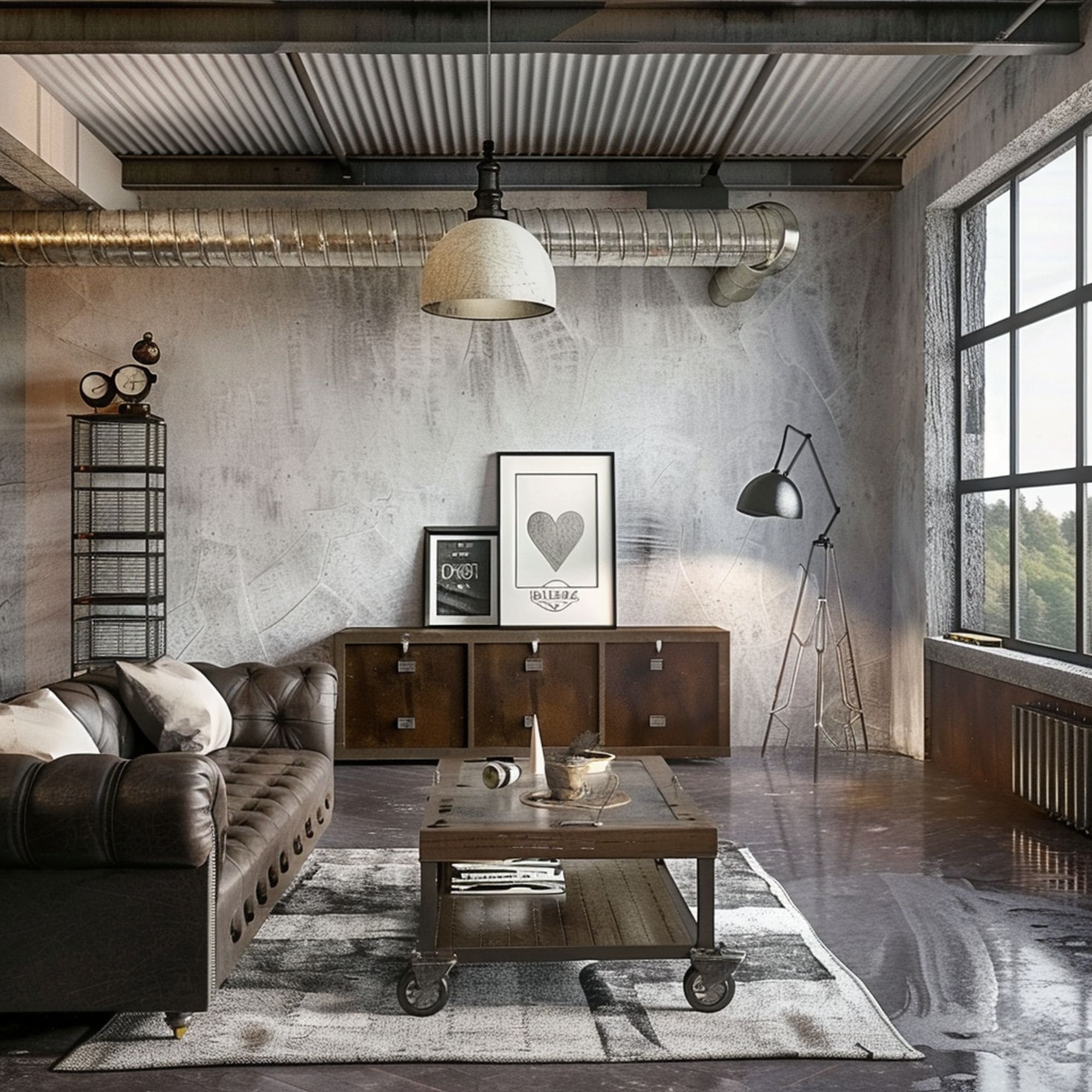 Industrial Living Room With Wheeled Coffee Table