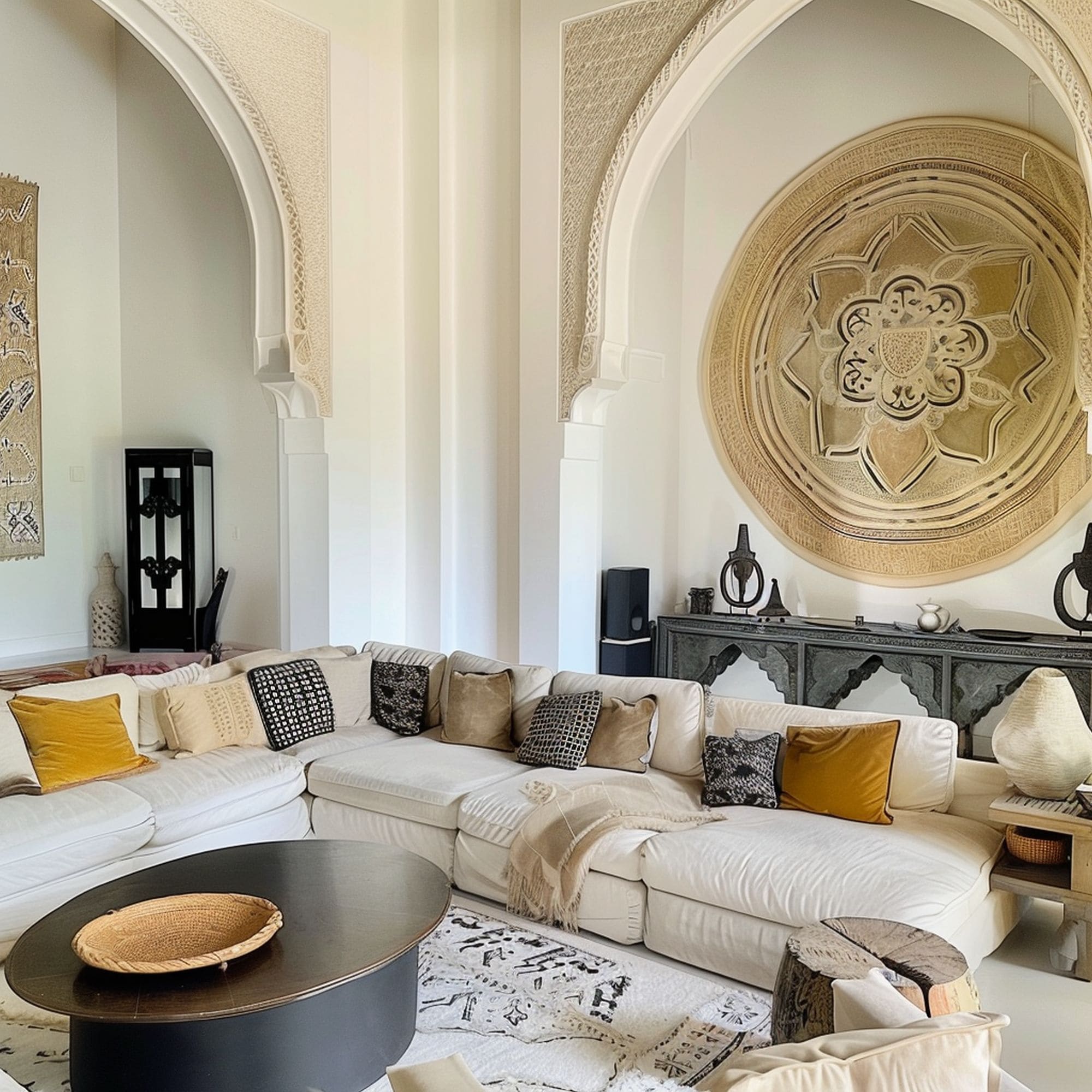 Moroccan Inspired Living Room With Large Wall Decoration