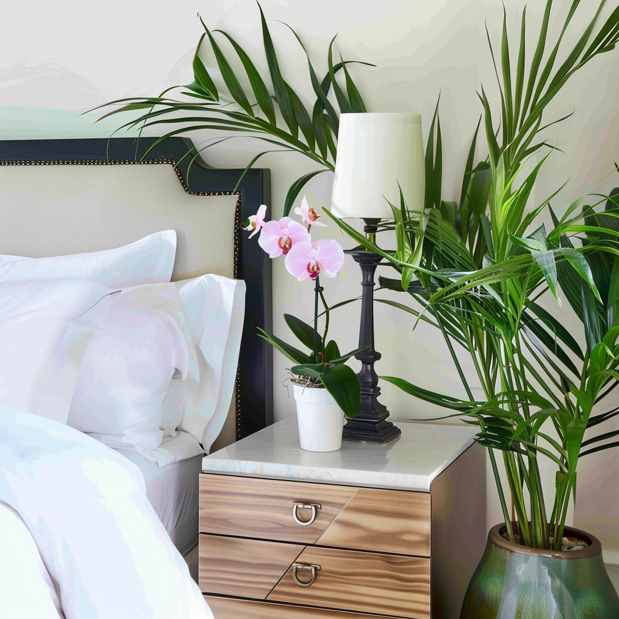 Orchid and Potted Plant in Bedroom