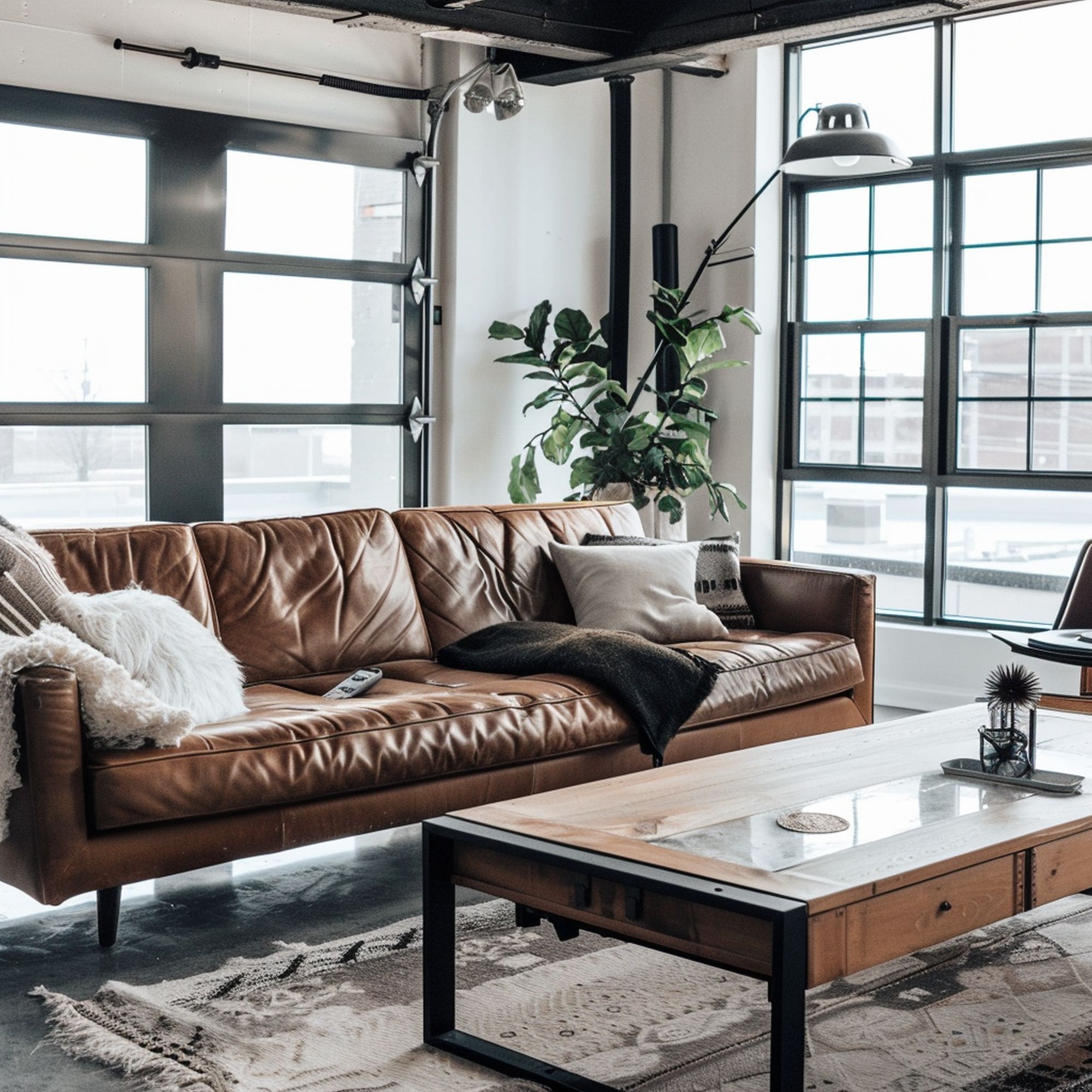 Industrial Living Room With Leather Couch