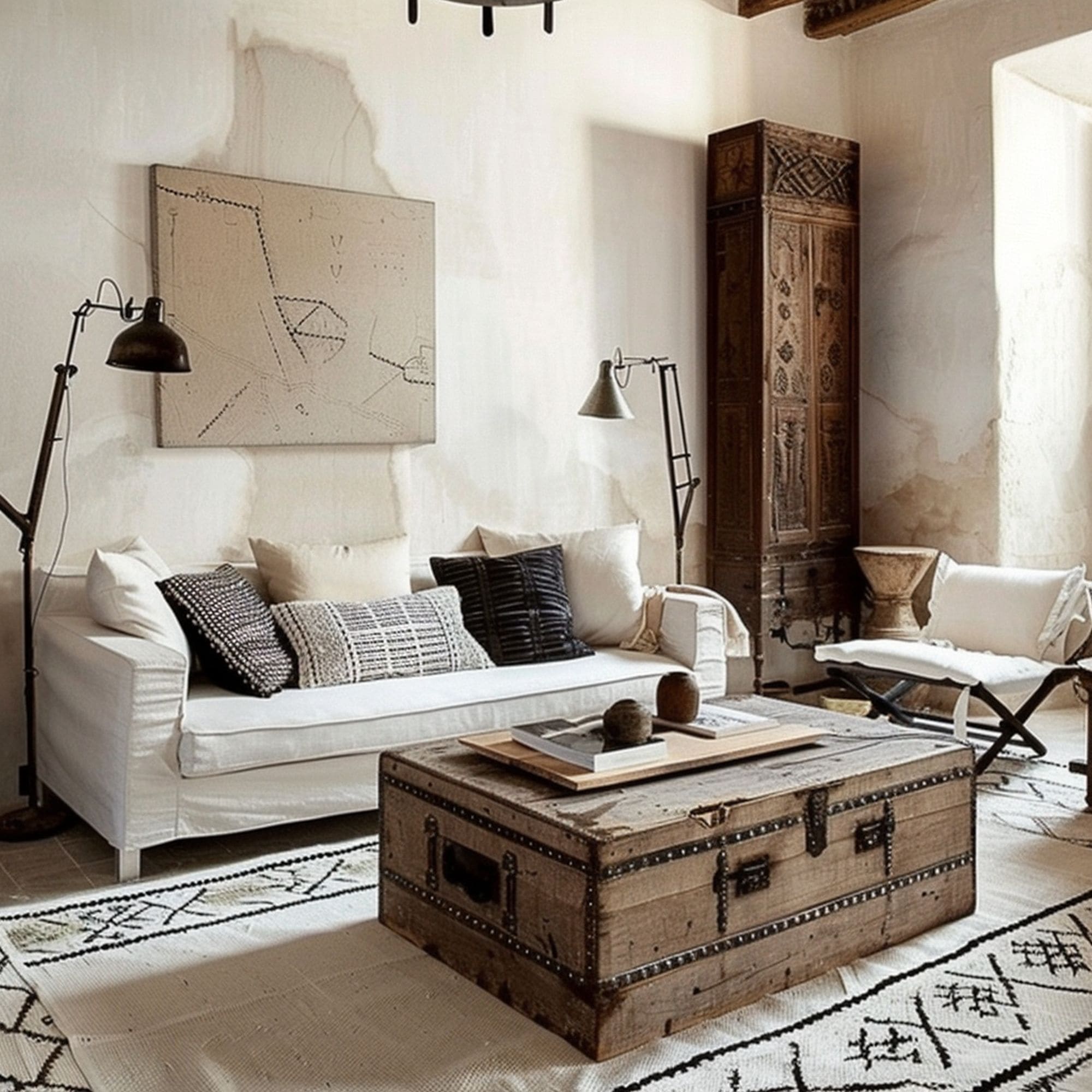 Moroccan Inspired Neutral Living Room With Vintage Trunk