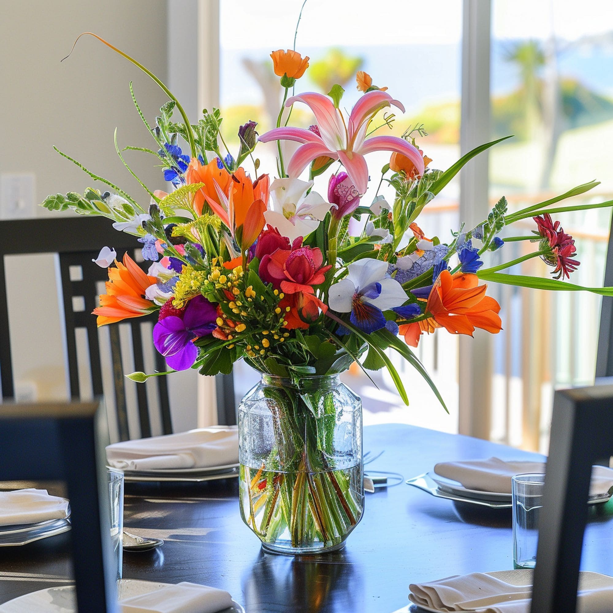 Colorful Floral Arrangement on Dining Table