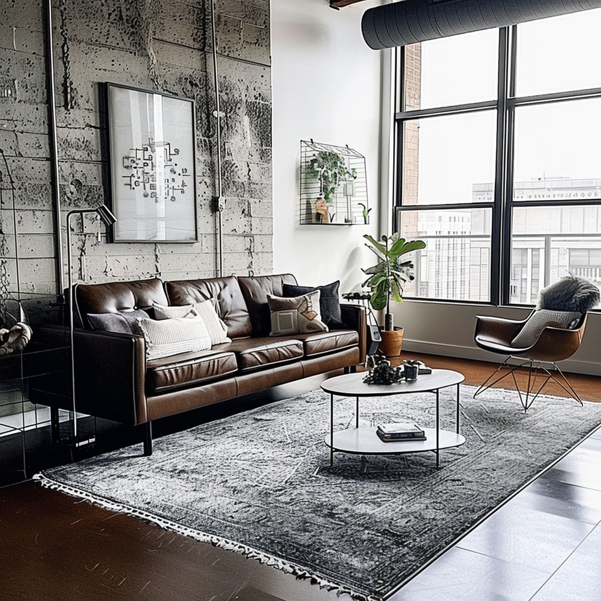 Industrial Living Room With Rugged Gray Rug