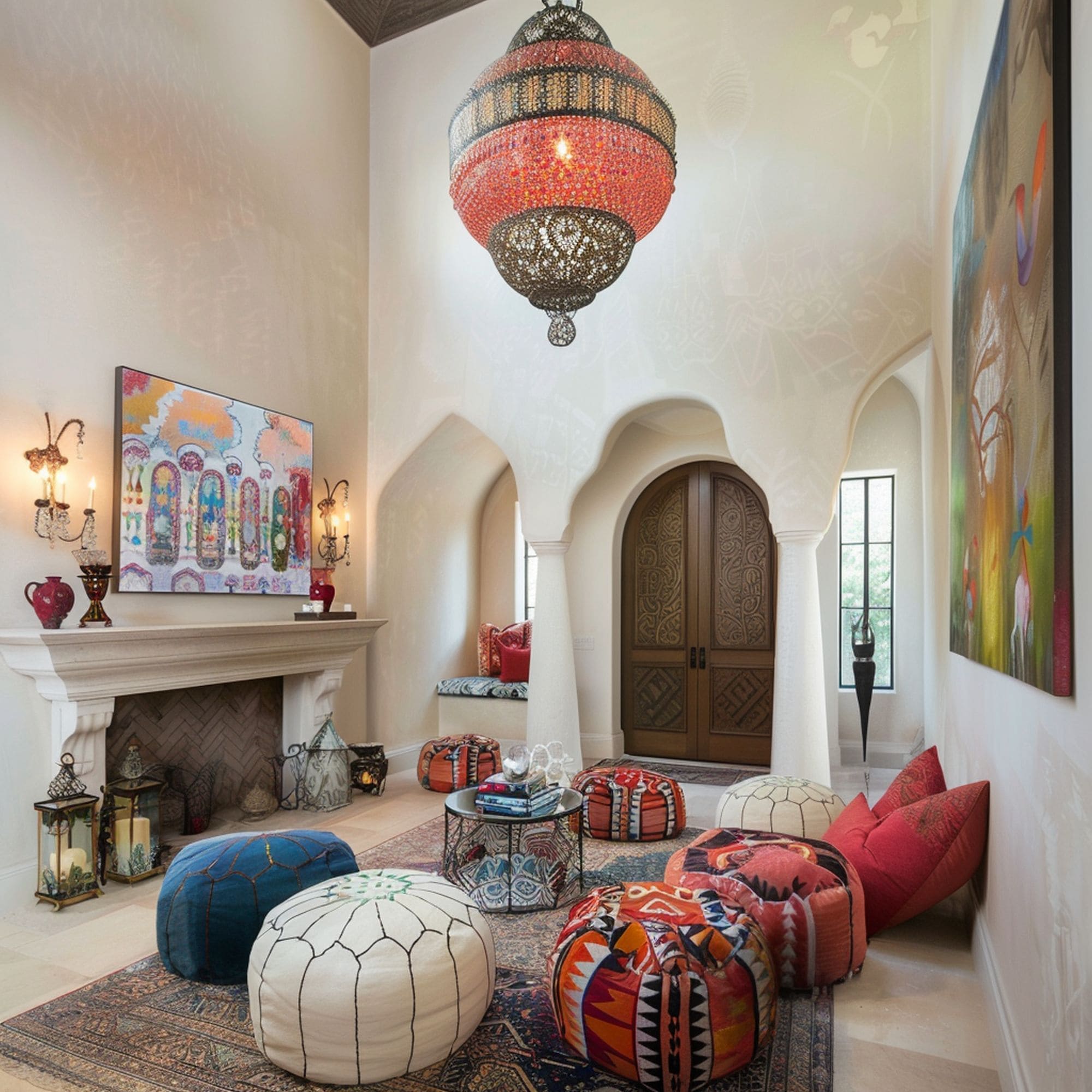 Moroccan Inspired Living Room With Colorful Poufs
