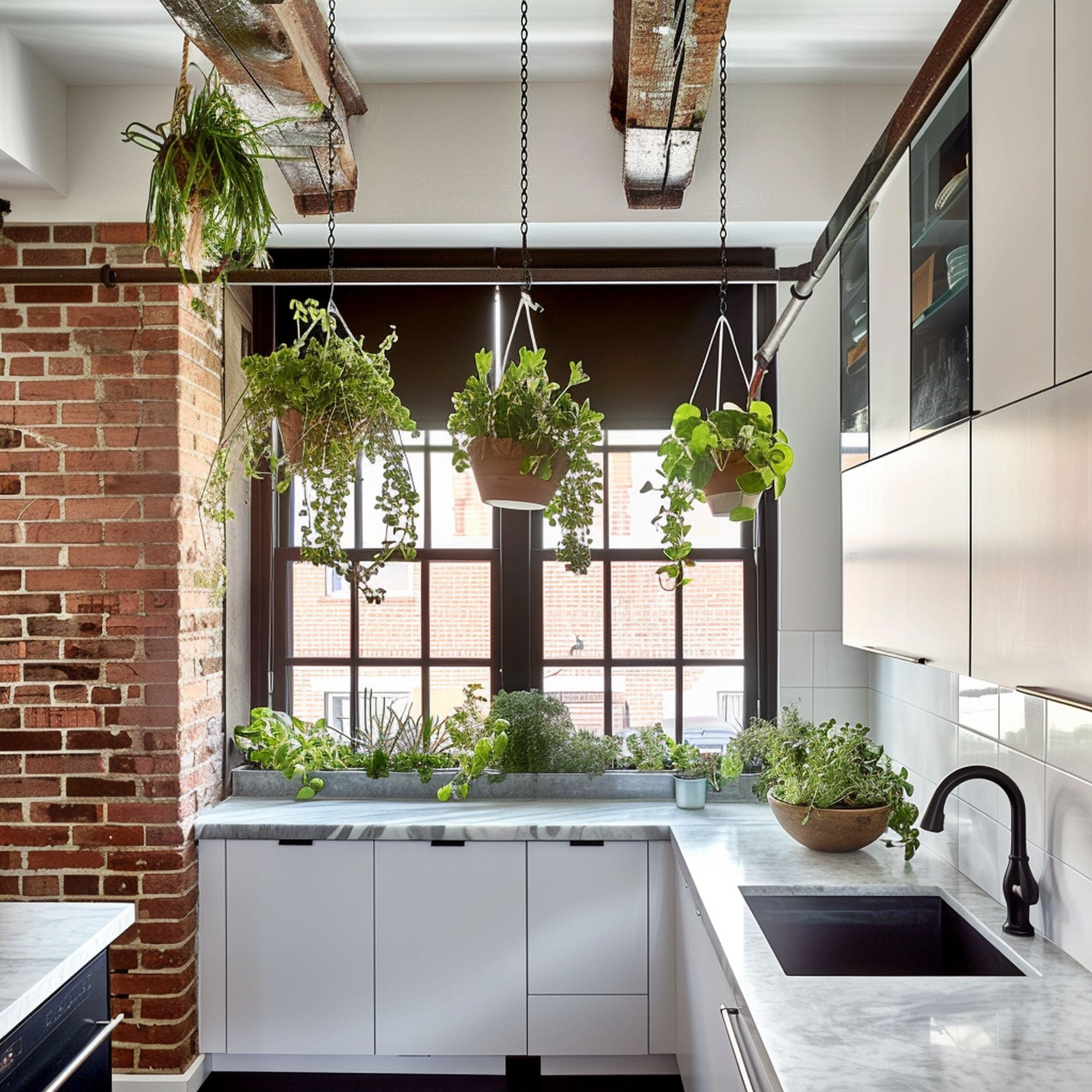 Kitchen With Multiple Hanging Herbs and Other Plants