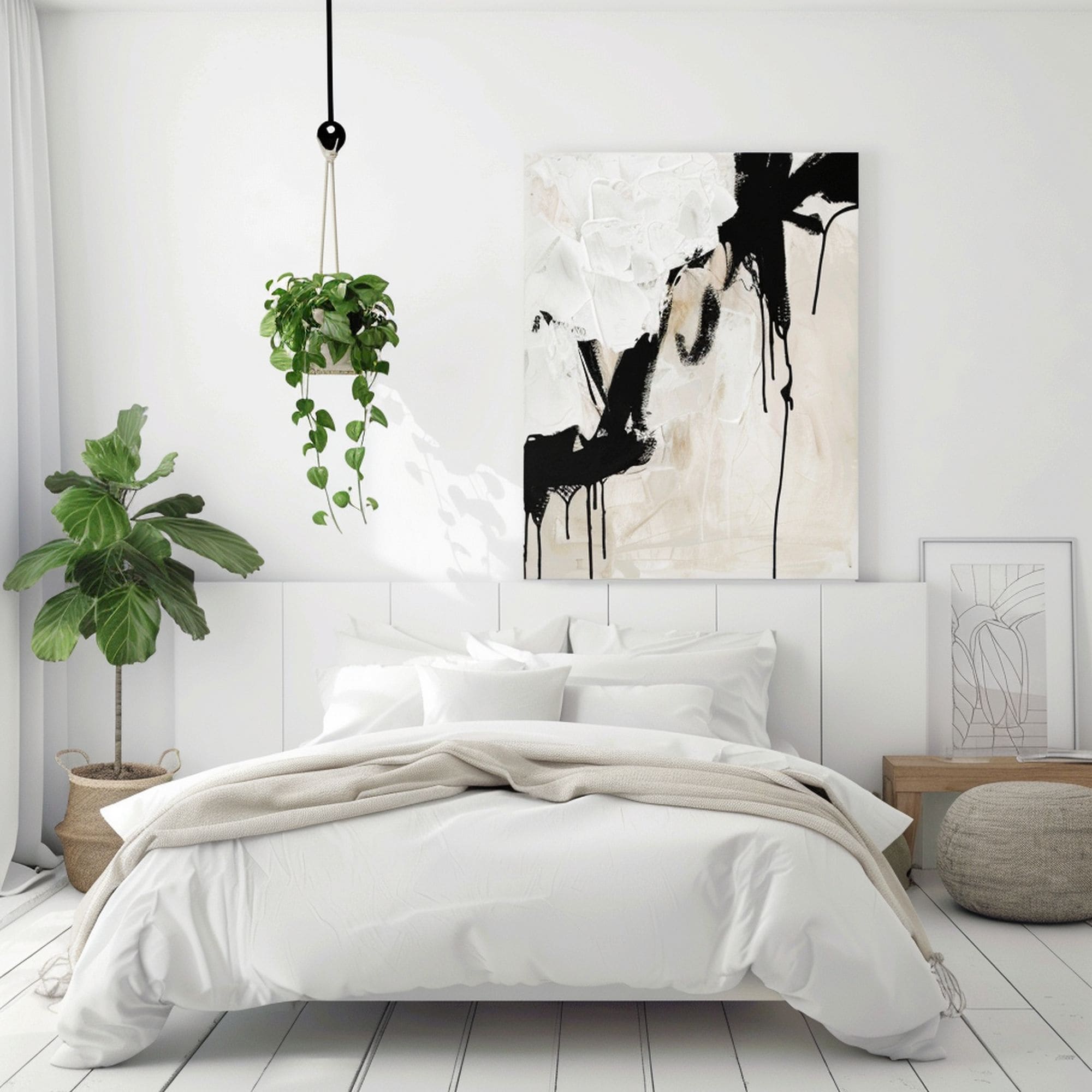 Minimalist Bedroom With Plants and Artwork