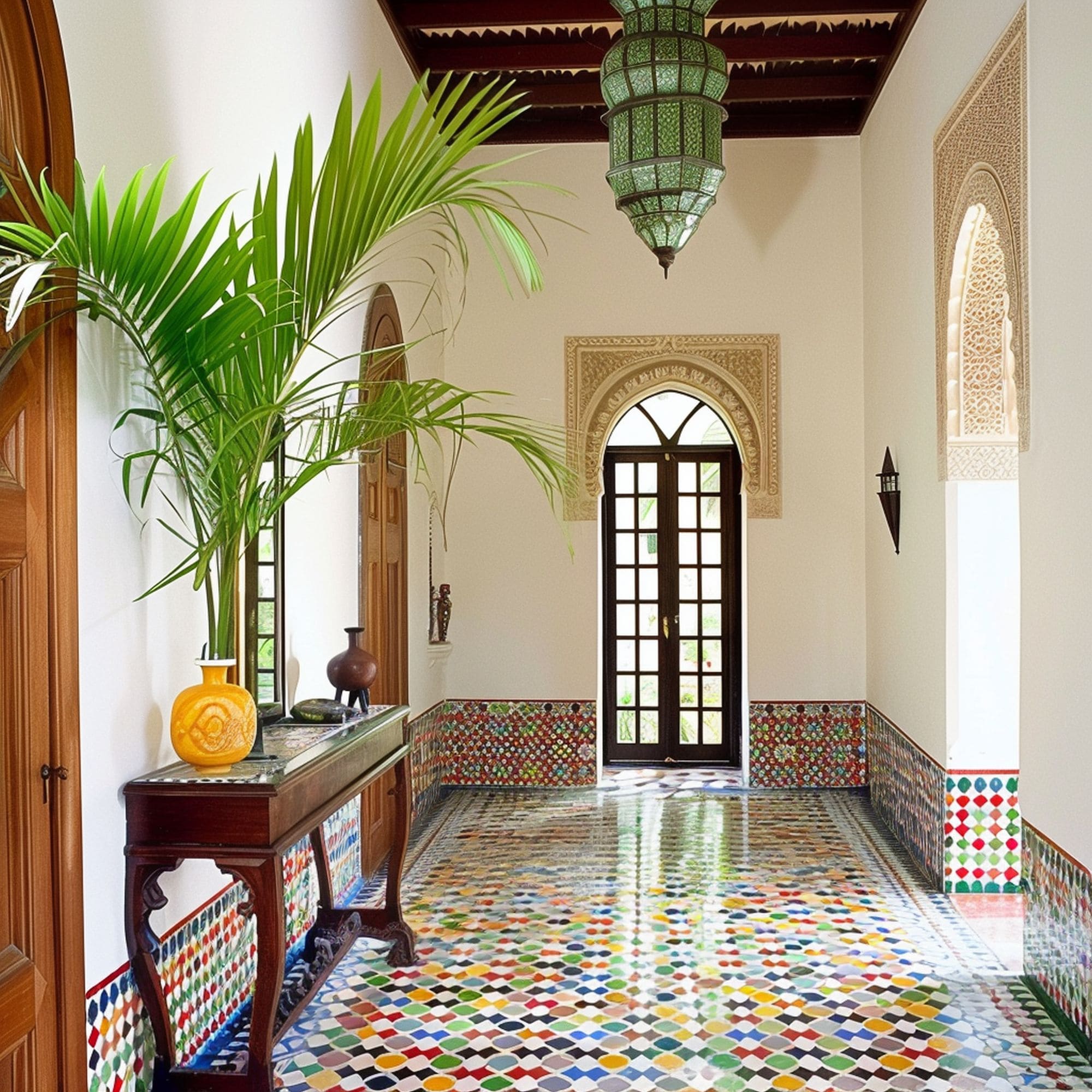 Moroccan Inspired Foyer With Colorful Floor Tiles