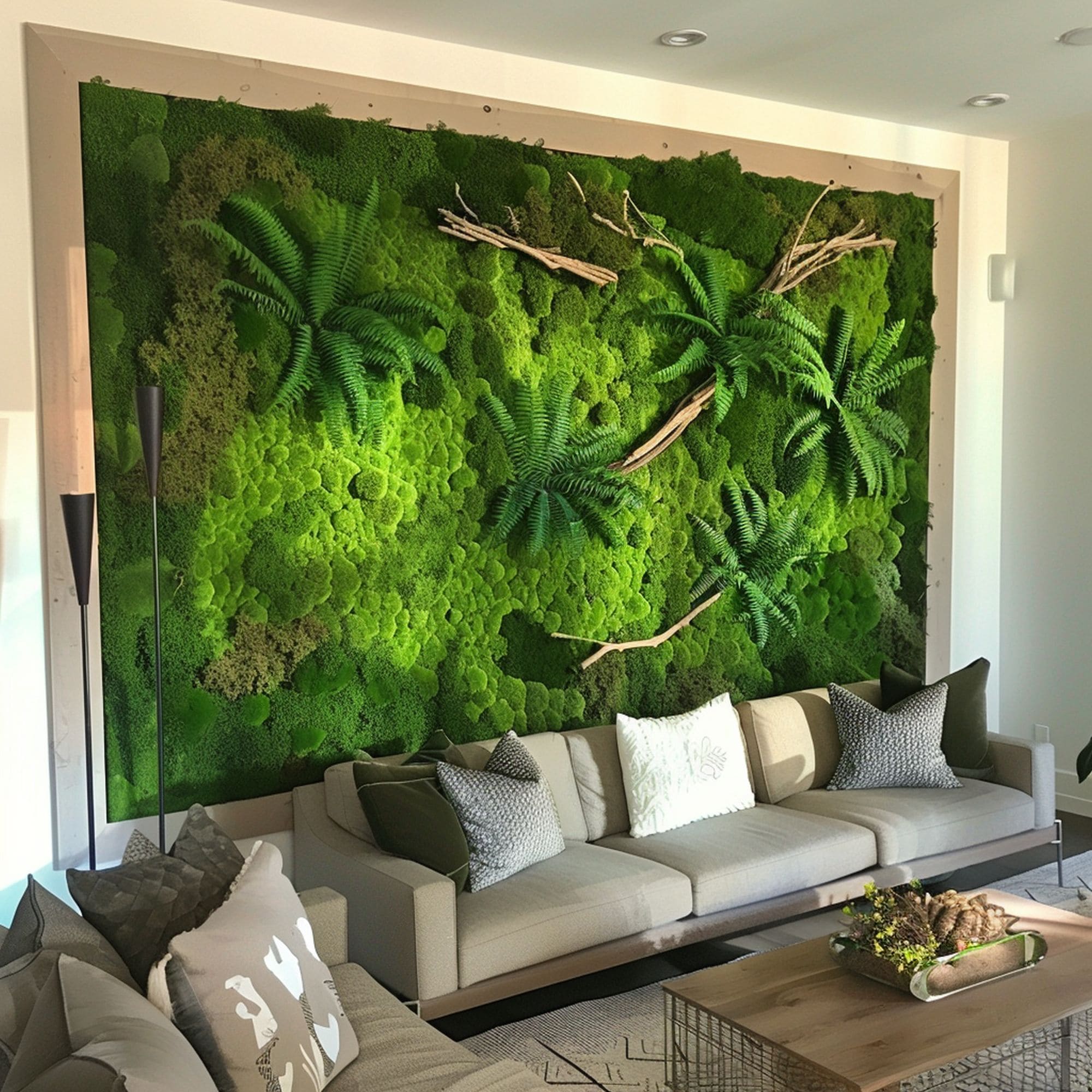 Moss Wall With Ferns and Branches