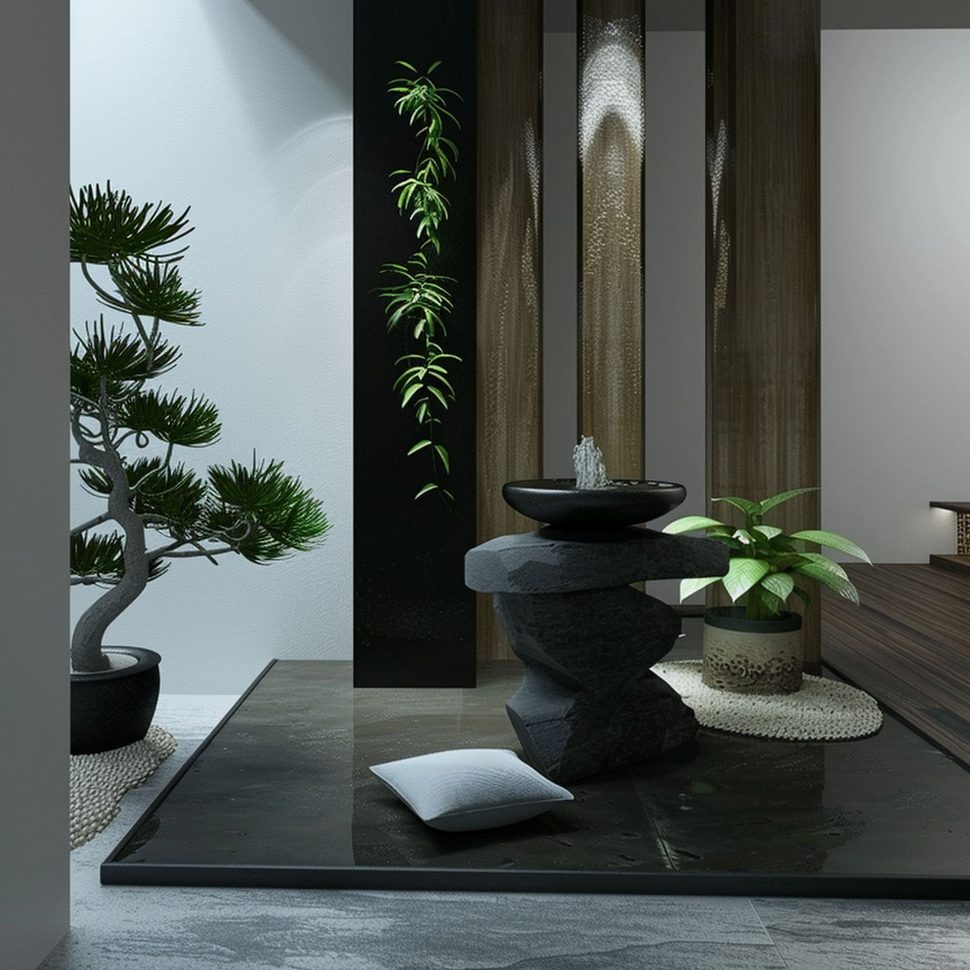 Modern Meditation Spot With Indoor Water Fountain