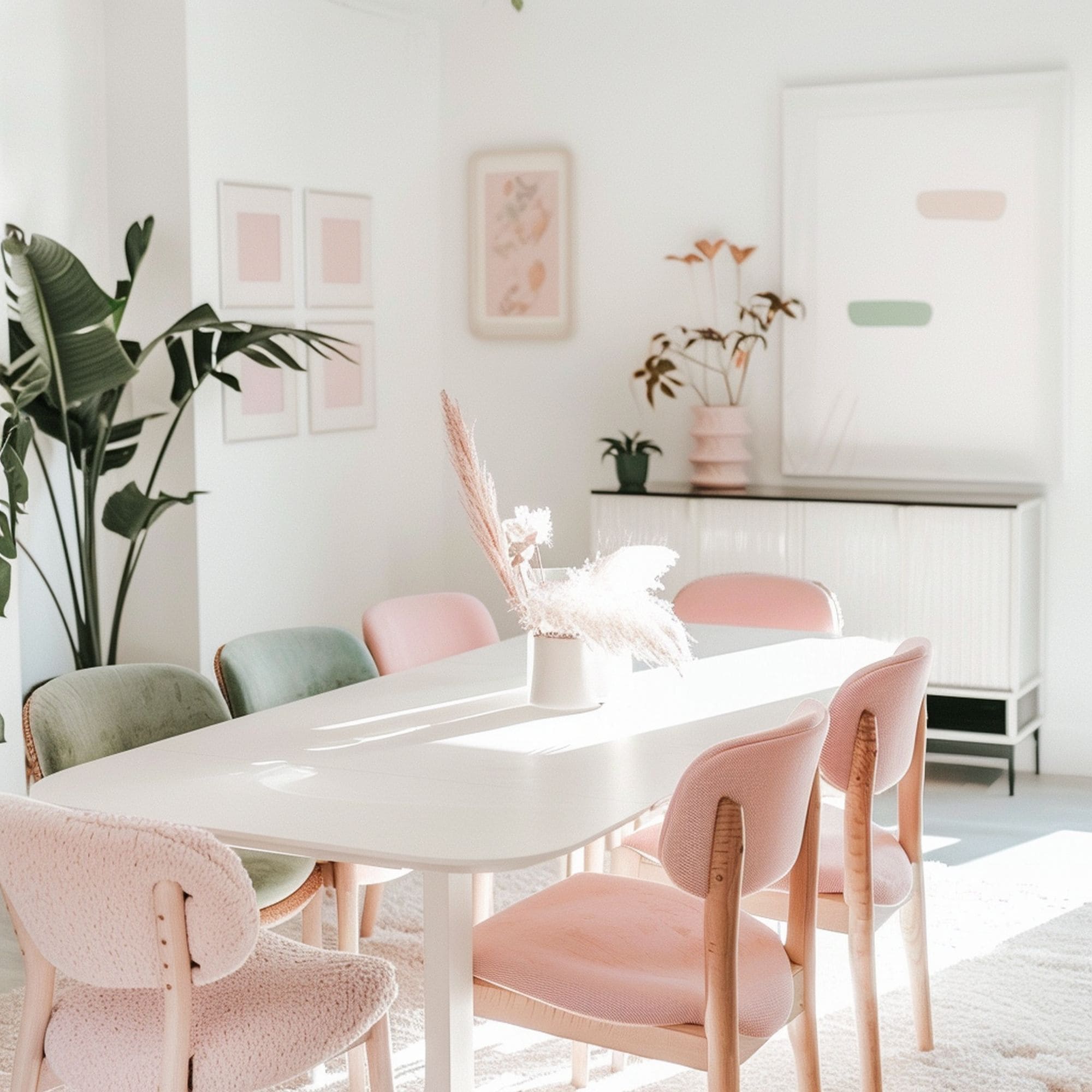 Pastel Pink and Green Dining Room With Plants