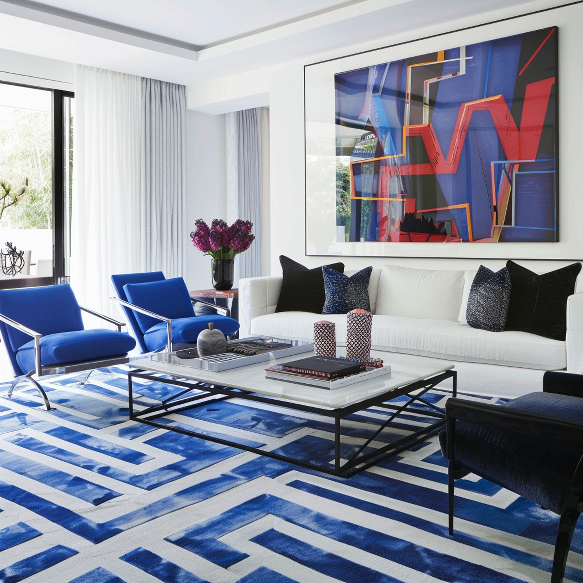 Blue Living Room With Geometric Area Rug and Abstract Artwork