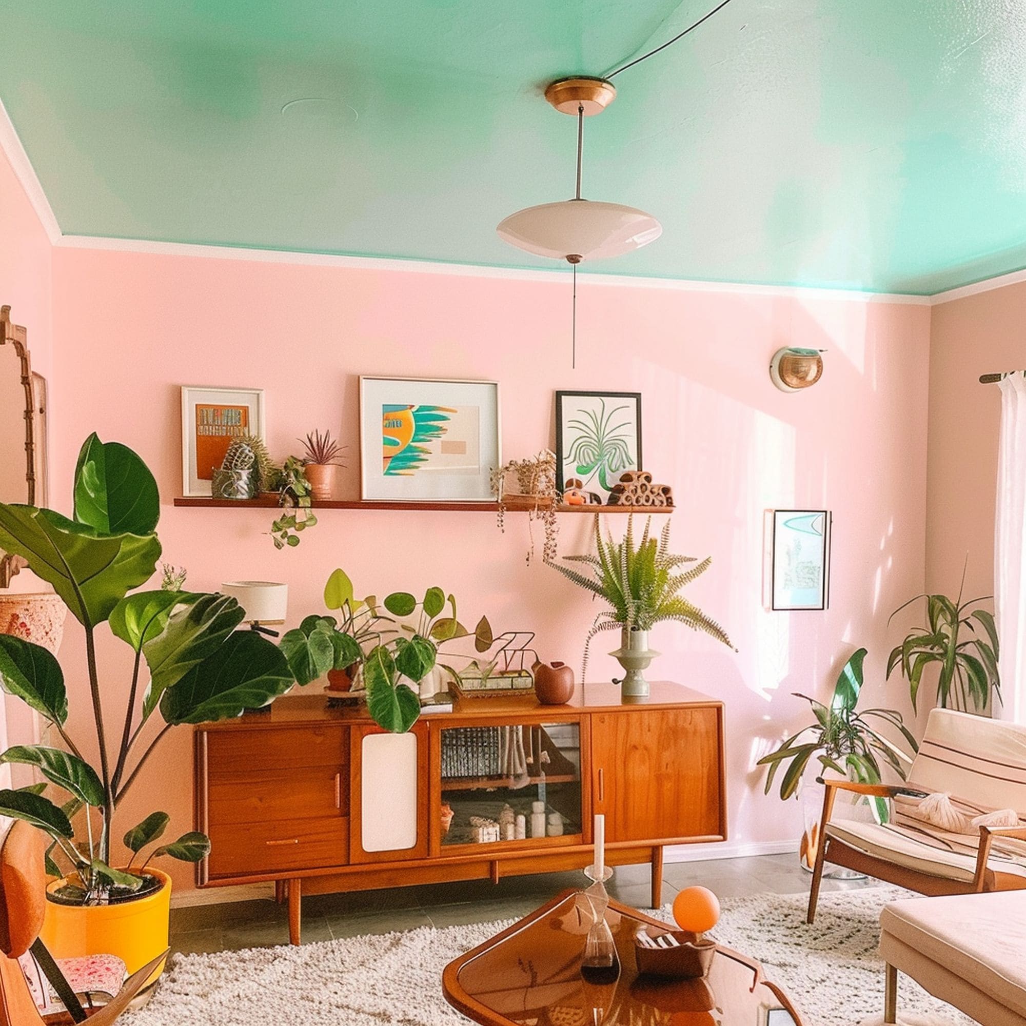 Turquoise Painted Ceiling in Retro Living Room