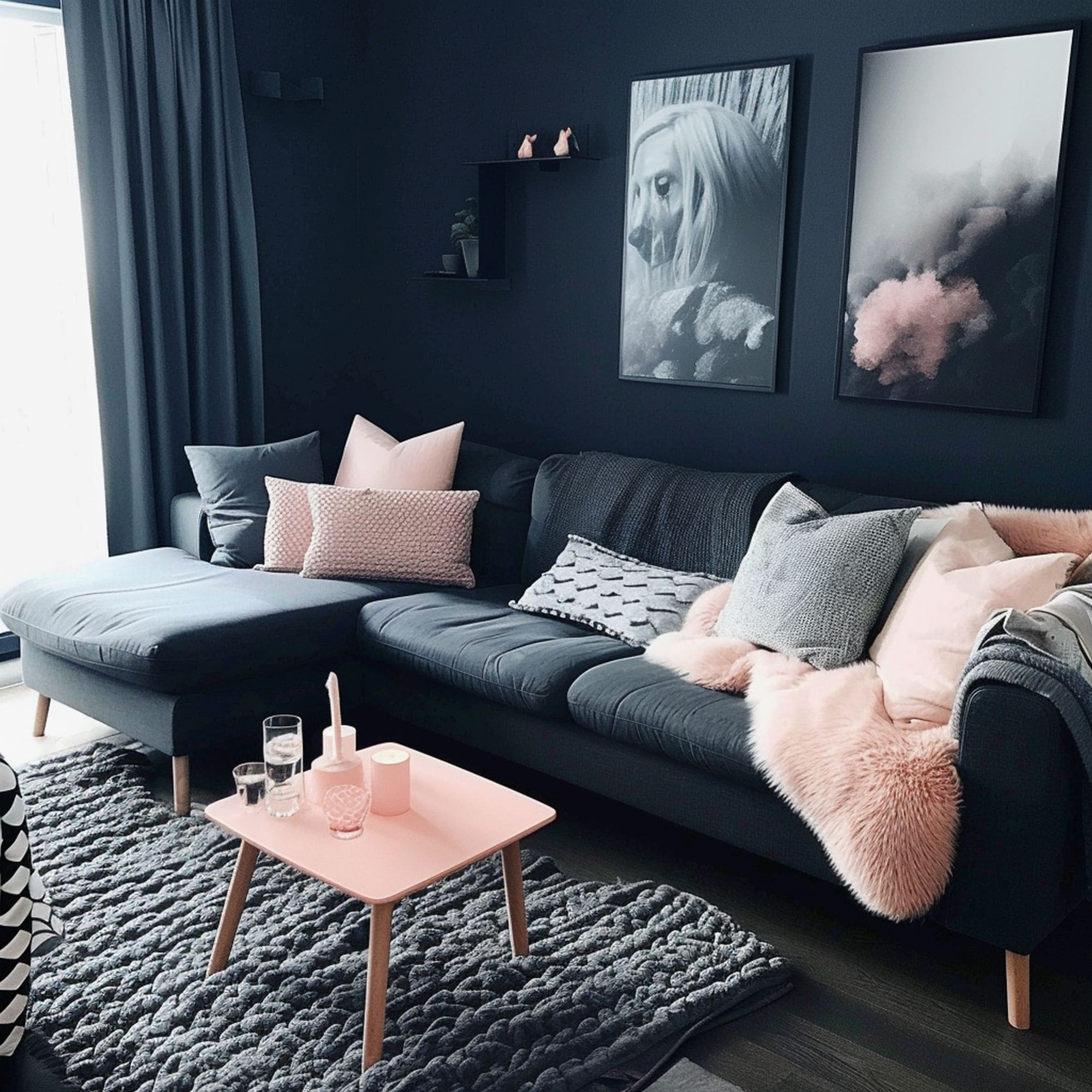 Cozy Blue Living Room With Pink Accents