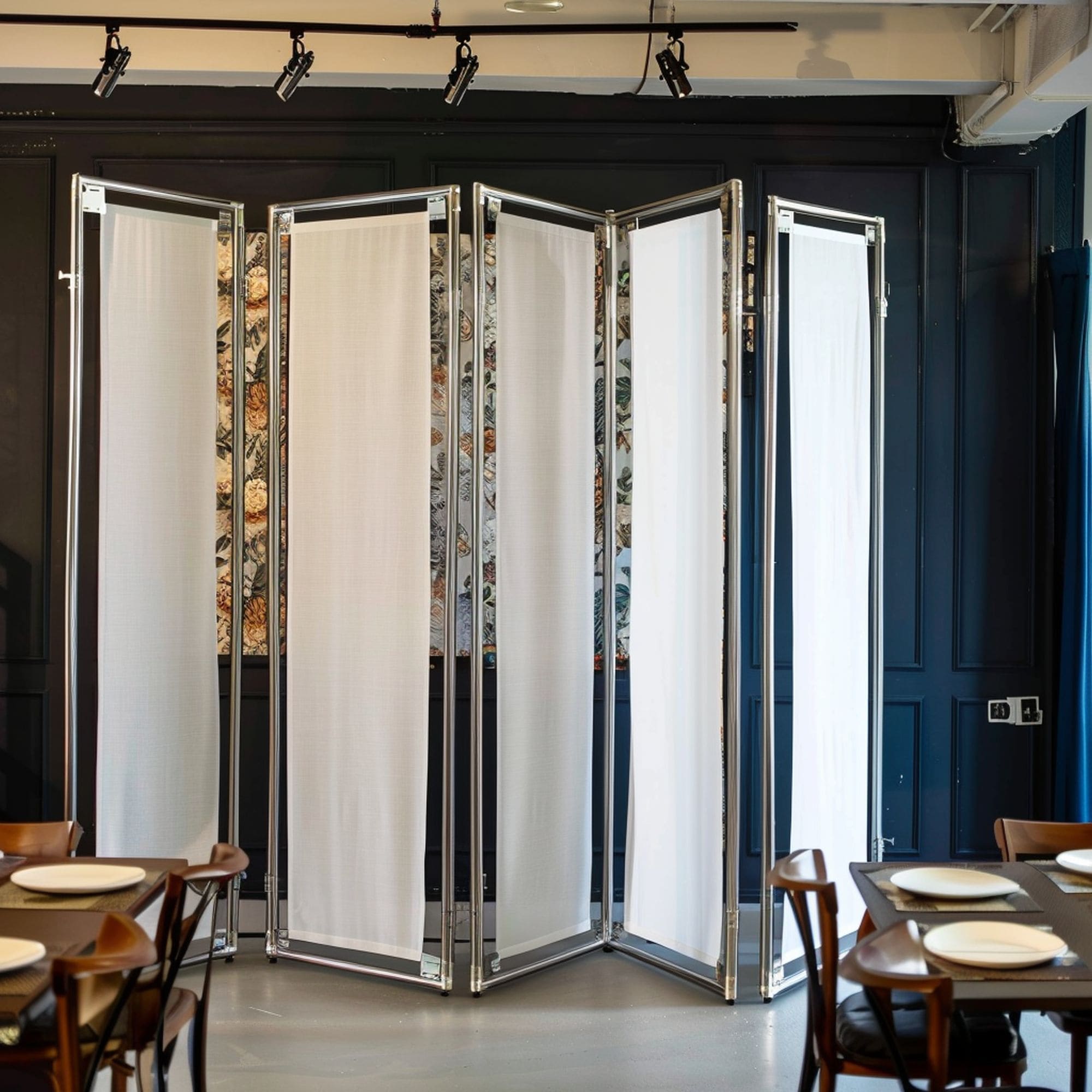 White Fabric and Electric Conduit Room Divider