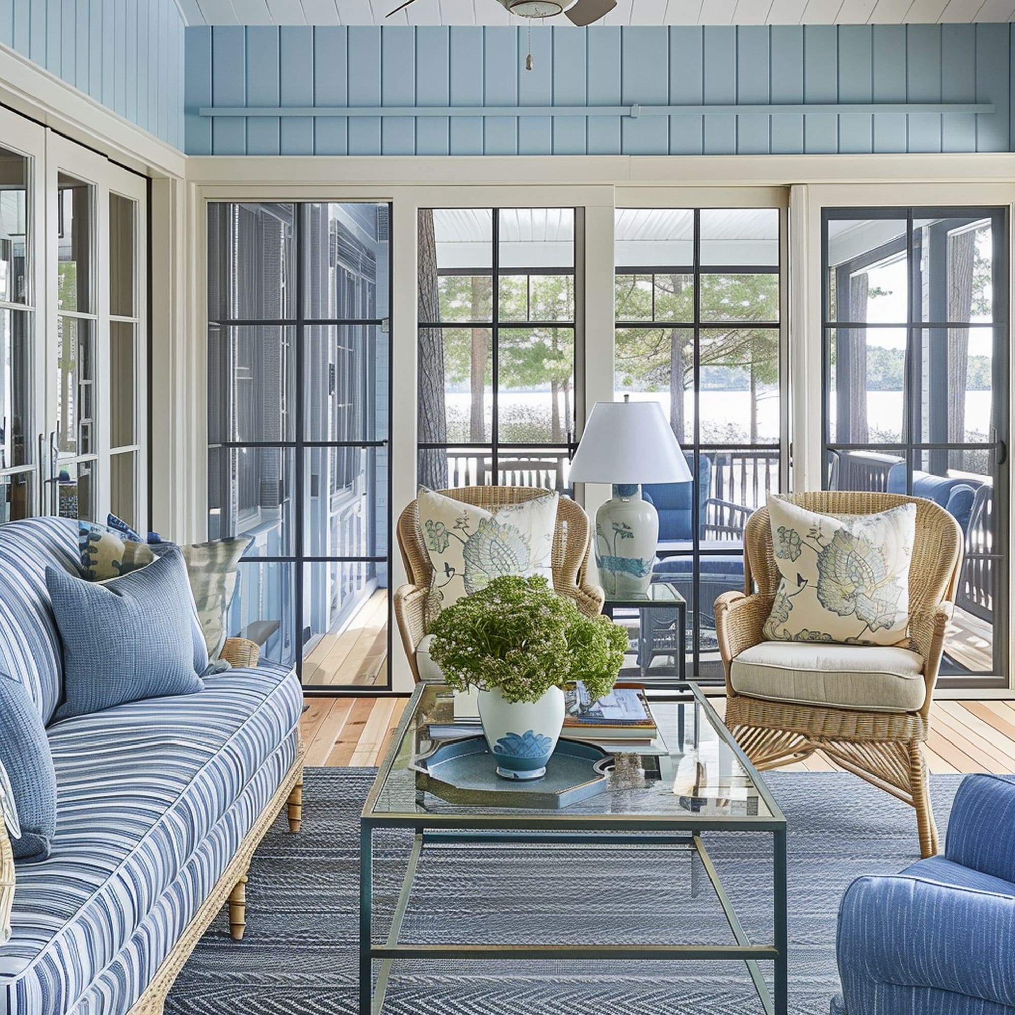 Coastal Blue Living Room With Screened Porch