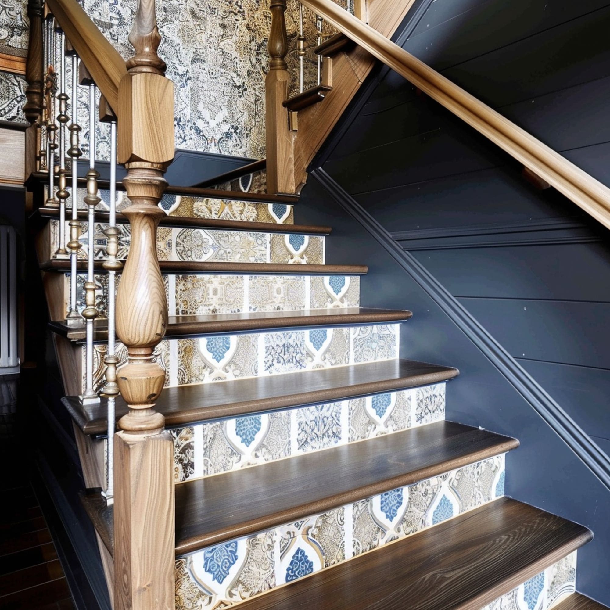 Stairs Featuring Patterned Wallpaper
