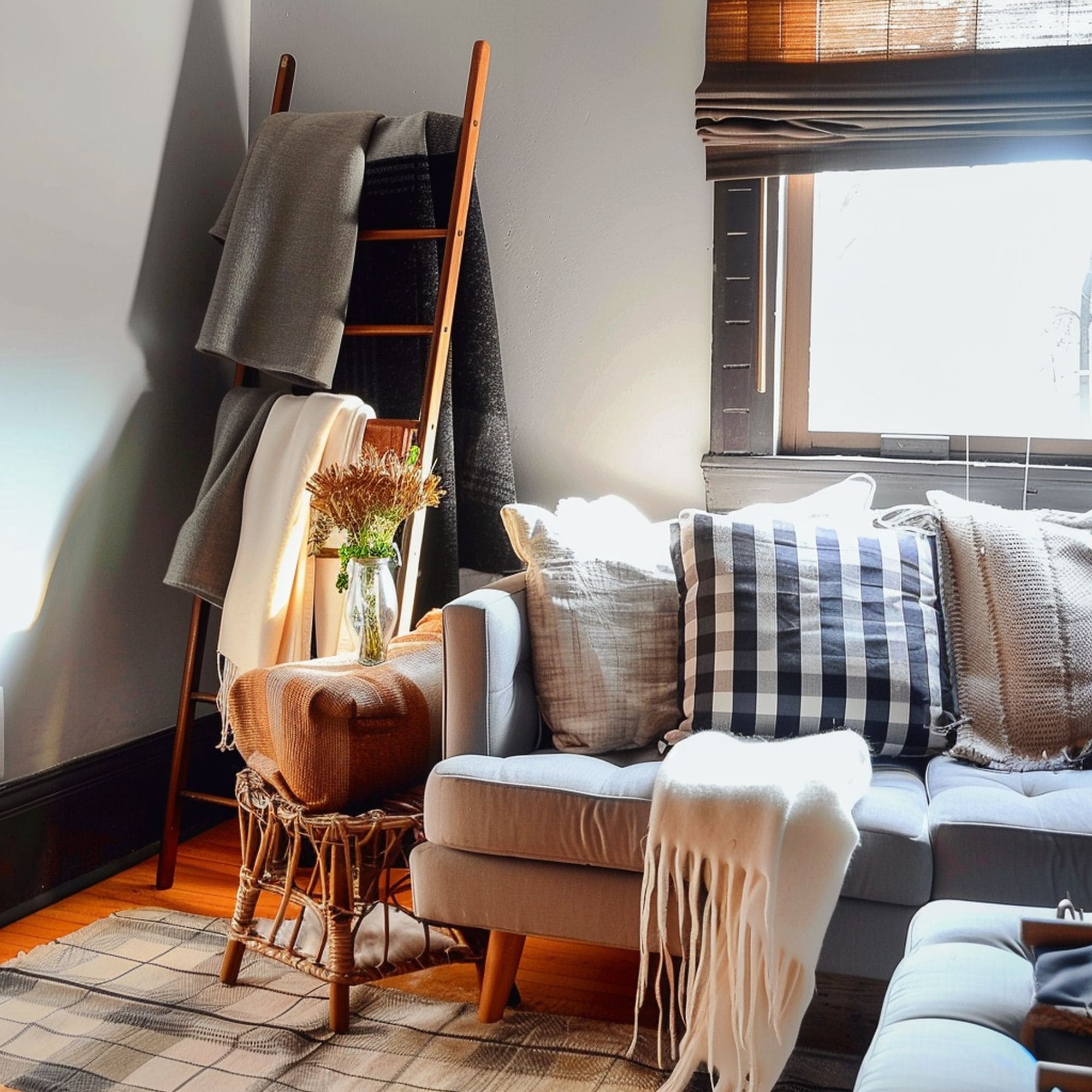 Blanket Rack in Living Room Corner