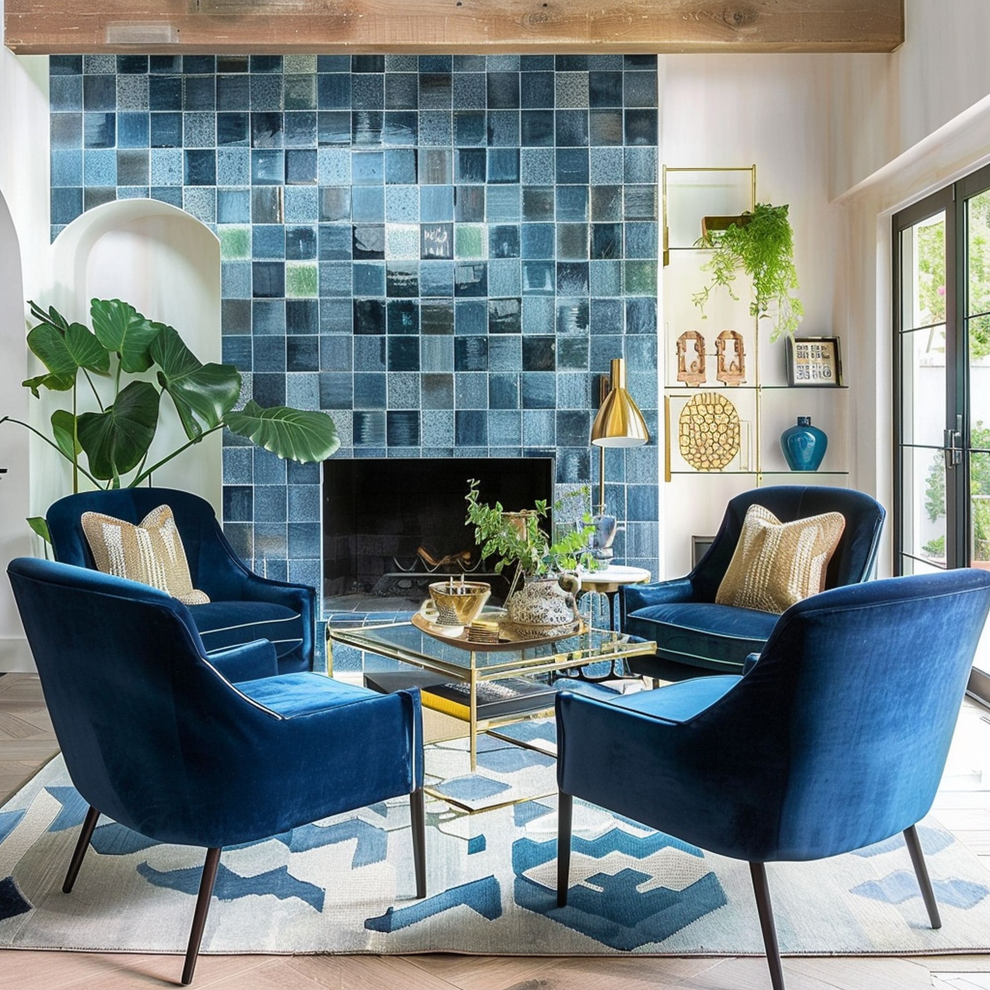 Blue Living Room With Tile Wall