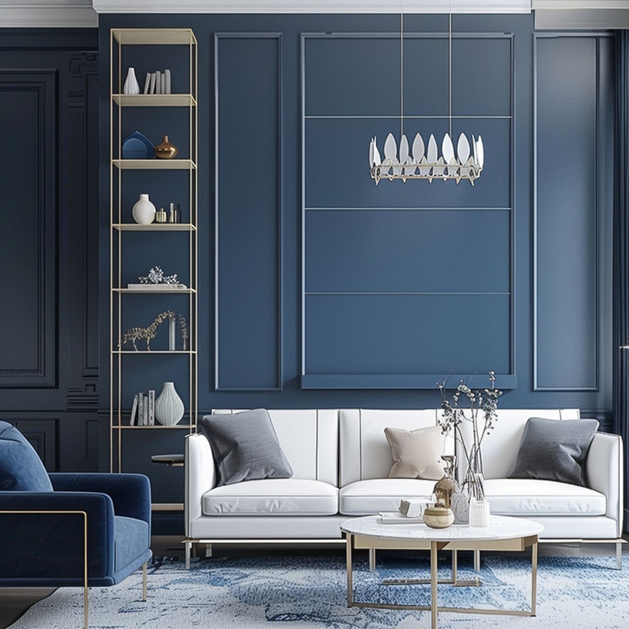 Elegant Modern Blue Living Room With White Couch