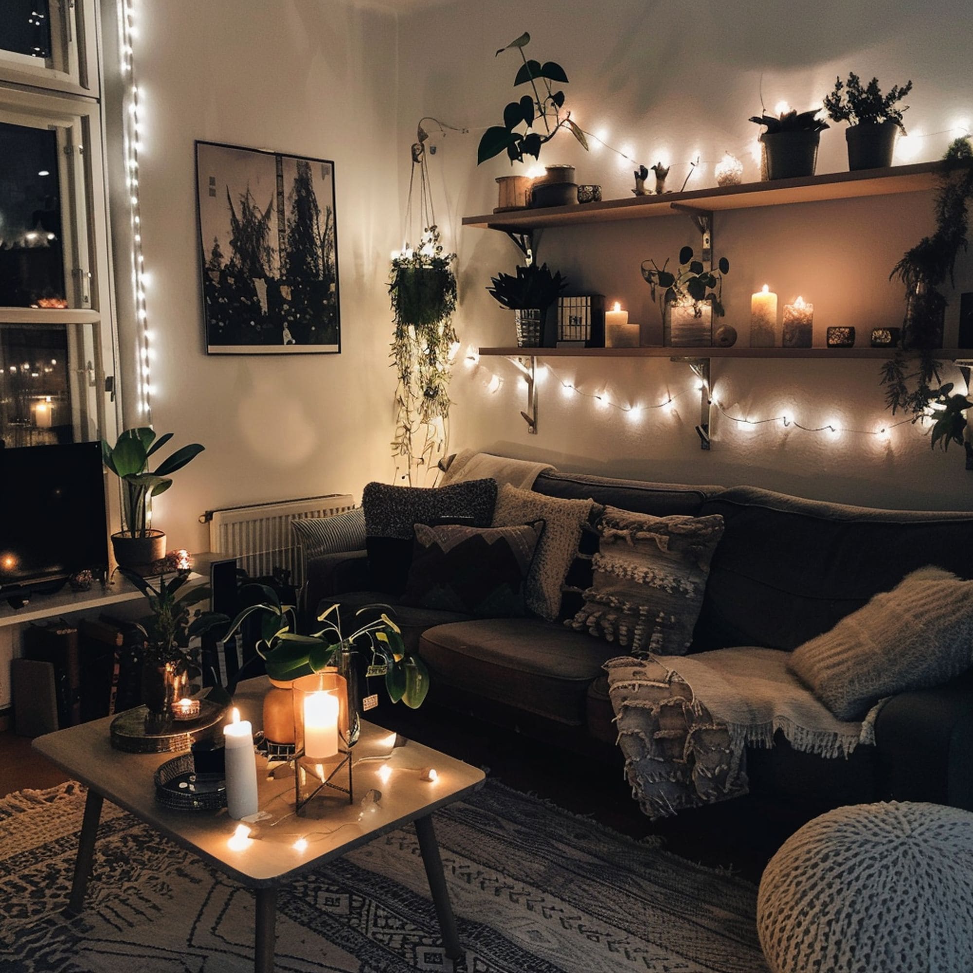 Scandinavian Living Room With Candles and String Lights