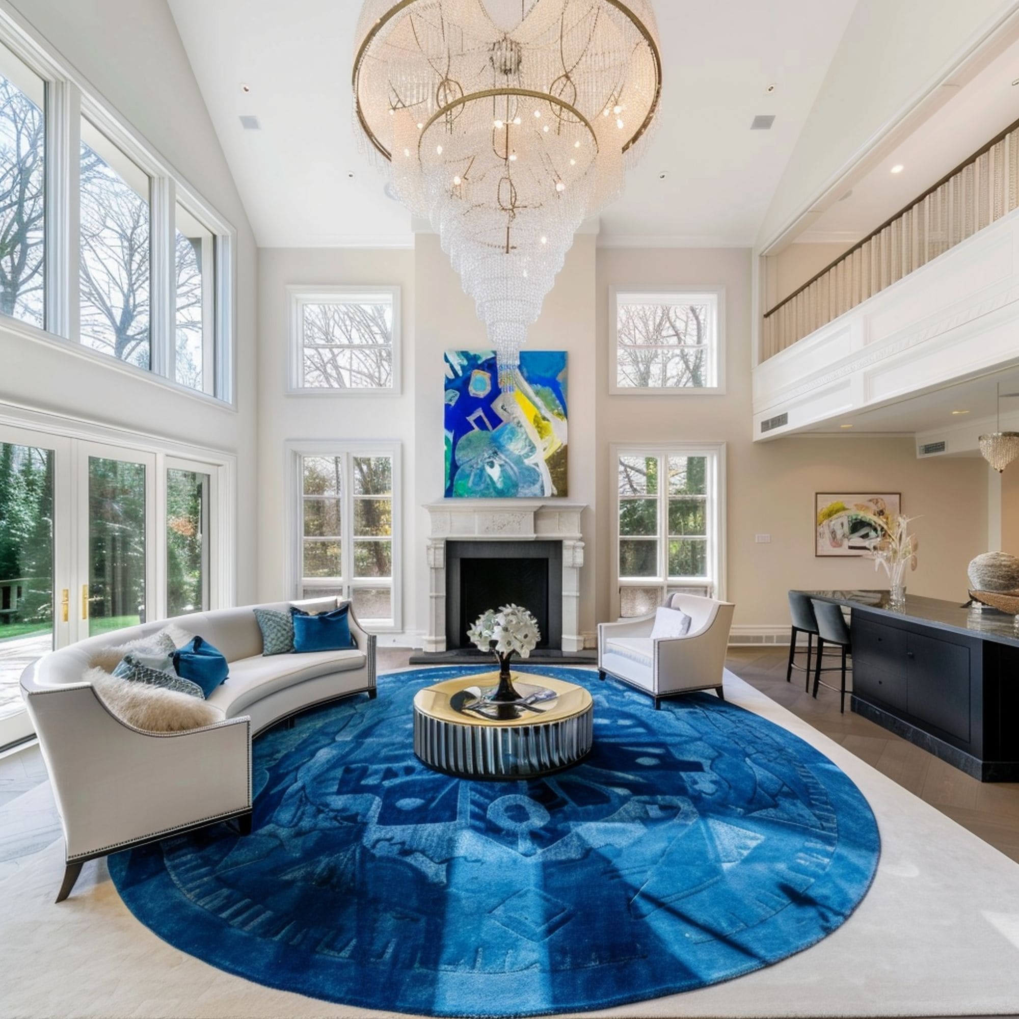 Blue Living Room With Oval Area Rug