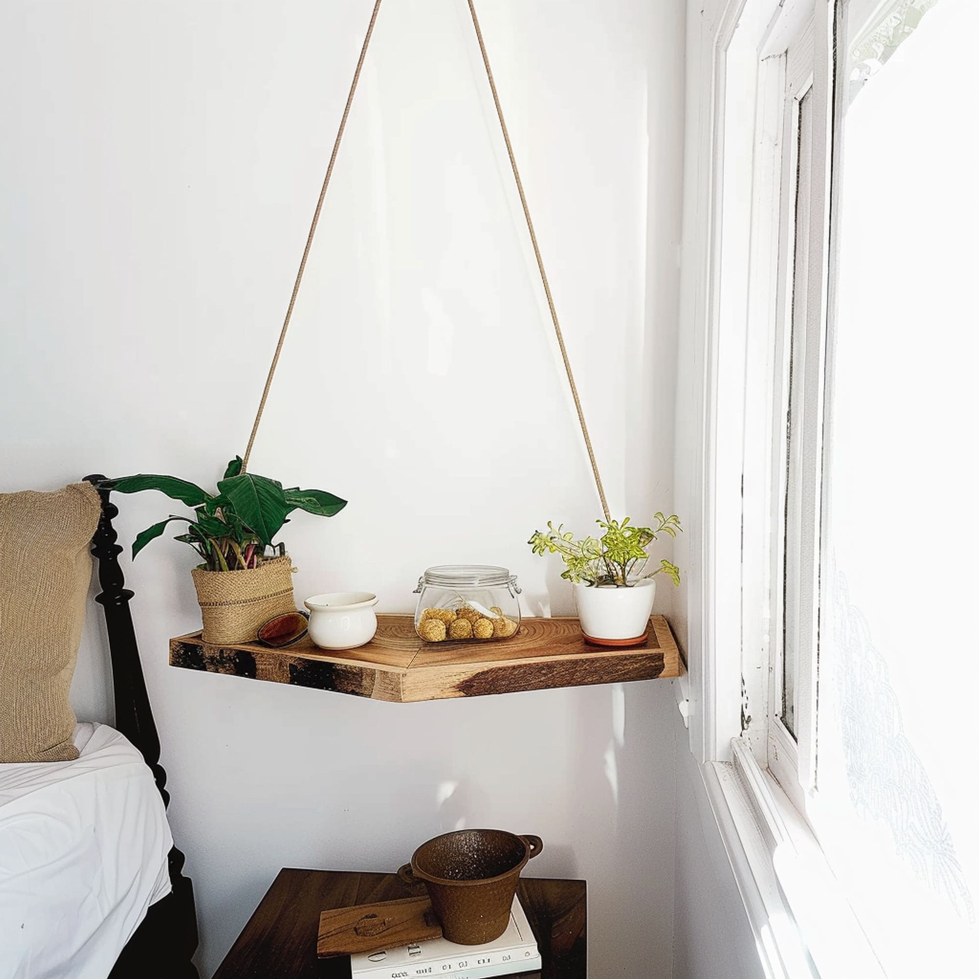 Hanging Wood Table in Bedroom Corner