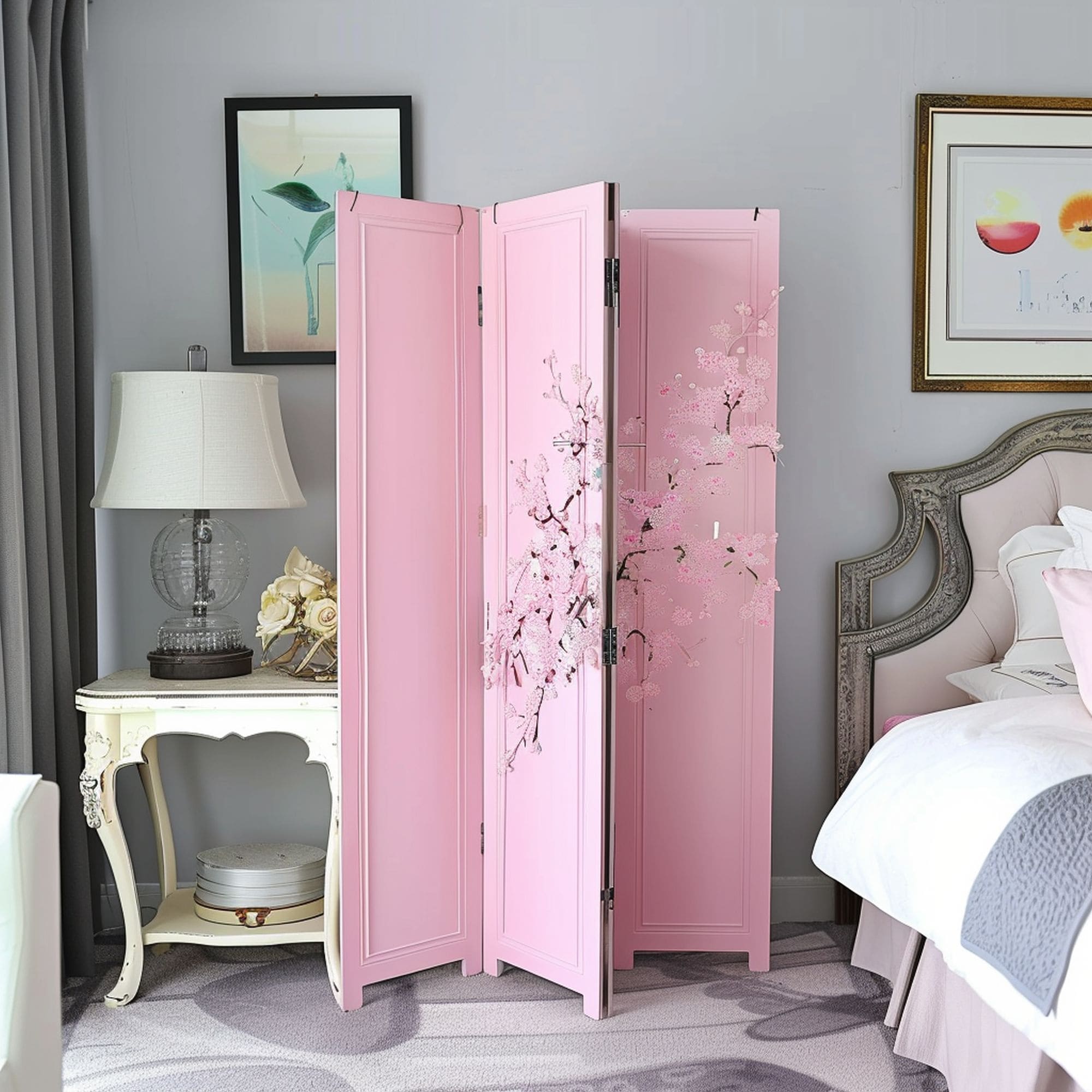 Pink Folding Screen Room Divider